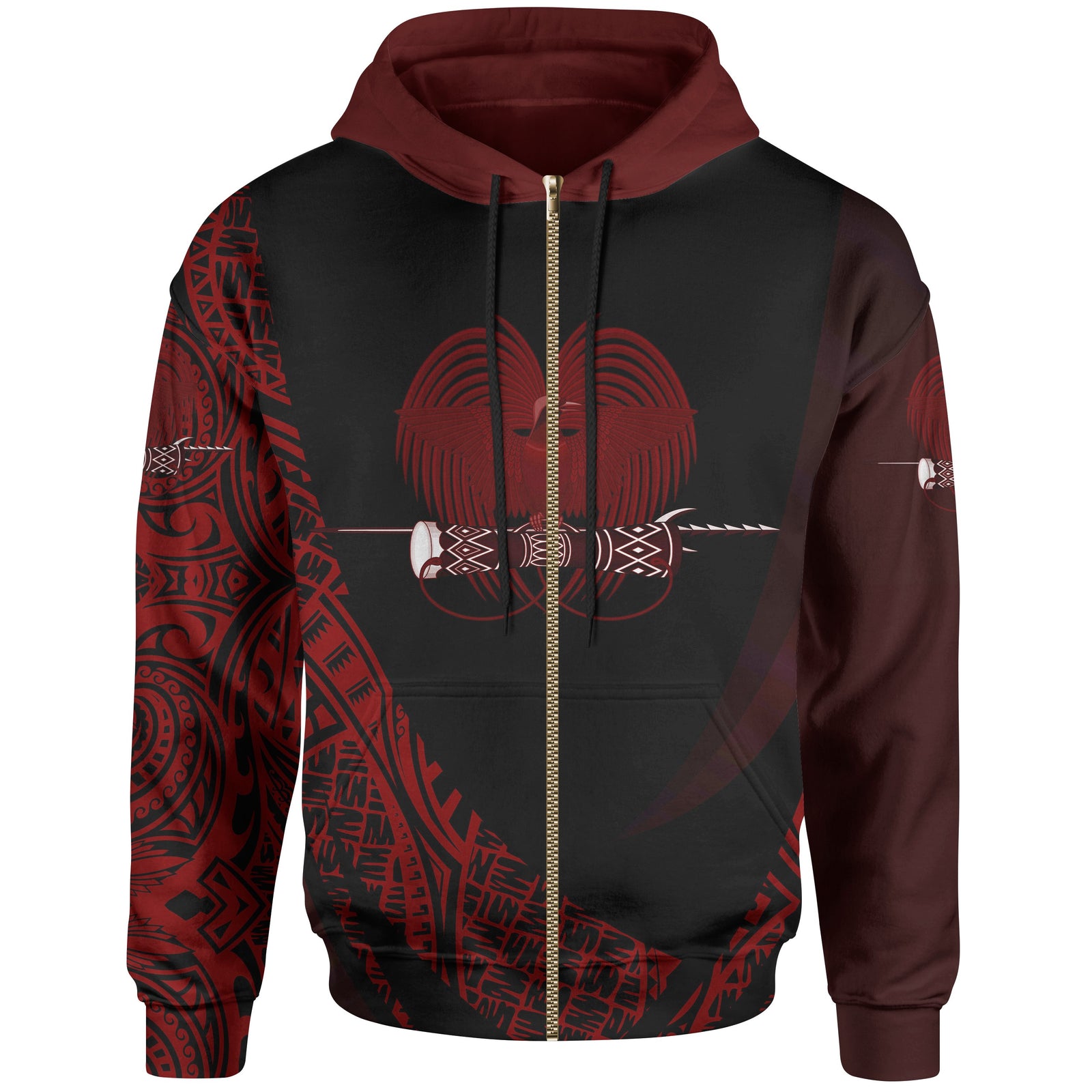 Papua New Guinea Zip Hoodie Red Polynesian Patterns Sport Style Unisex Black - Polynesian Pride