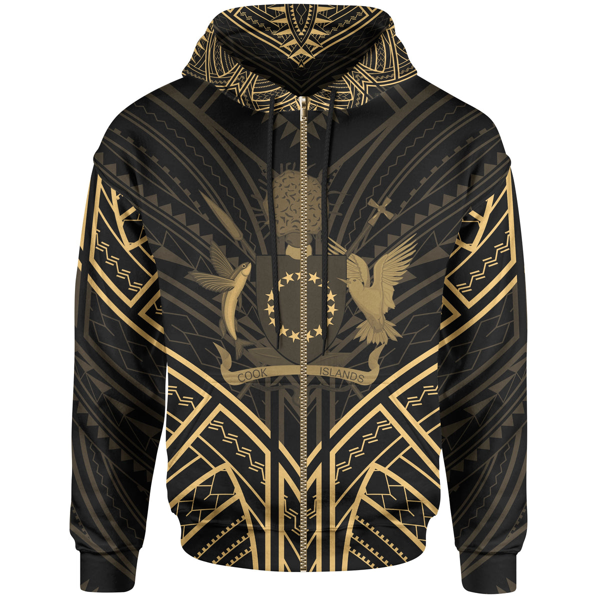 Cook Islands Zip Hoodie Cook Islands Seal Gold Tribal Patterns Unisex White - Polynesian Pride