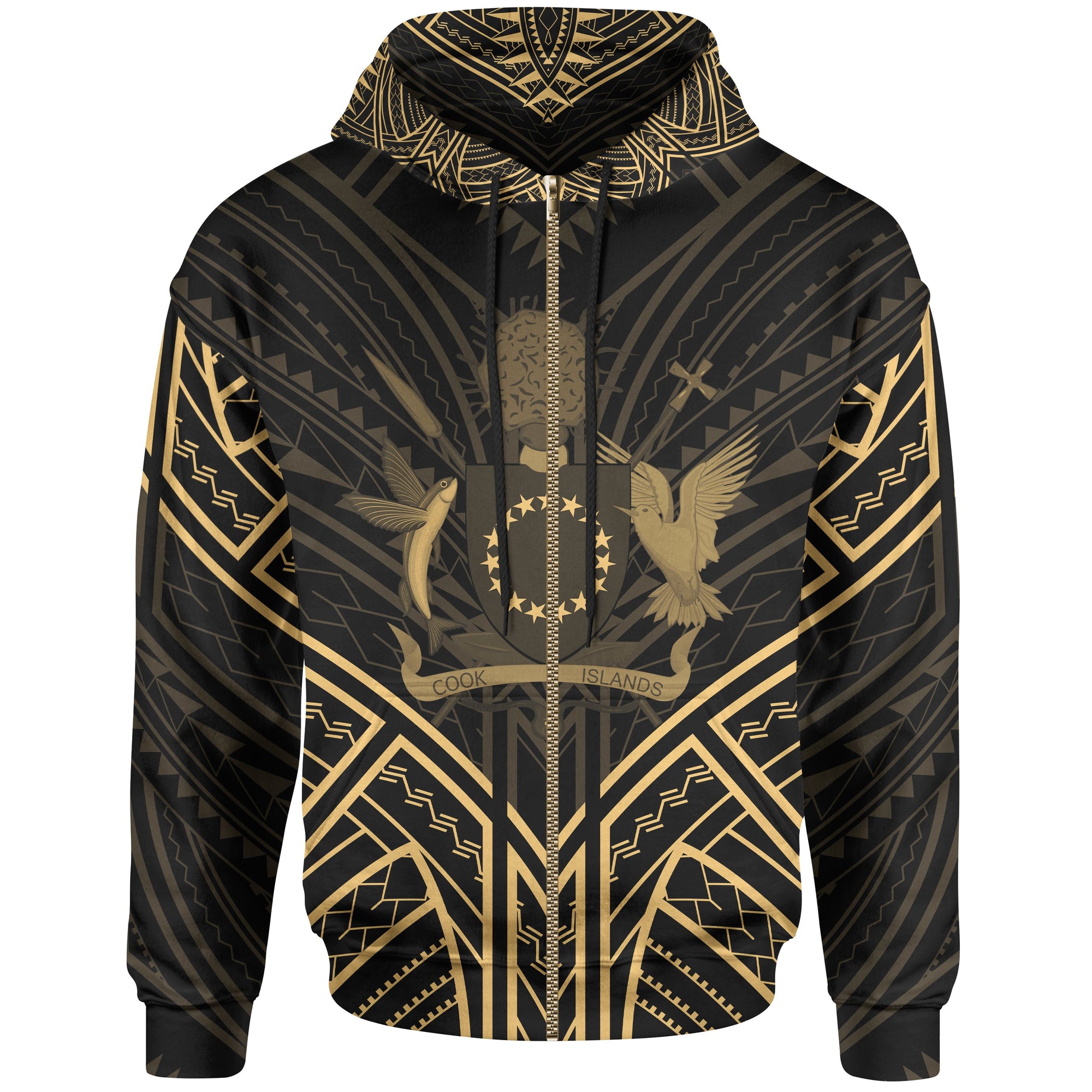 Cook Islands Zip Hoodie Cook Islands Seal Gold Tribal Patterns Unisex White - Polynesian Pride