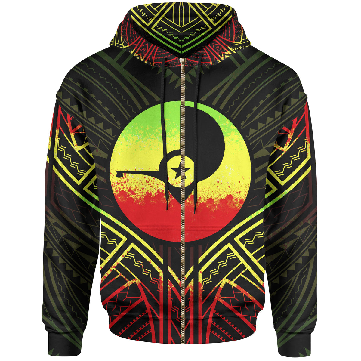 Yap State Zip Hoodie Yap State Seal Reggae Tribal Patterns Unisex Black - Polynesian Pride