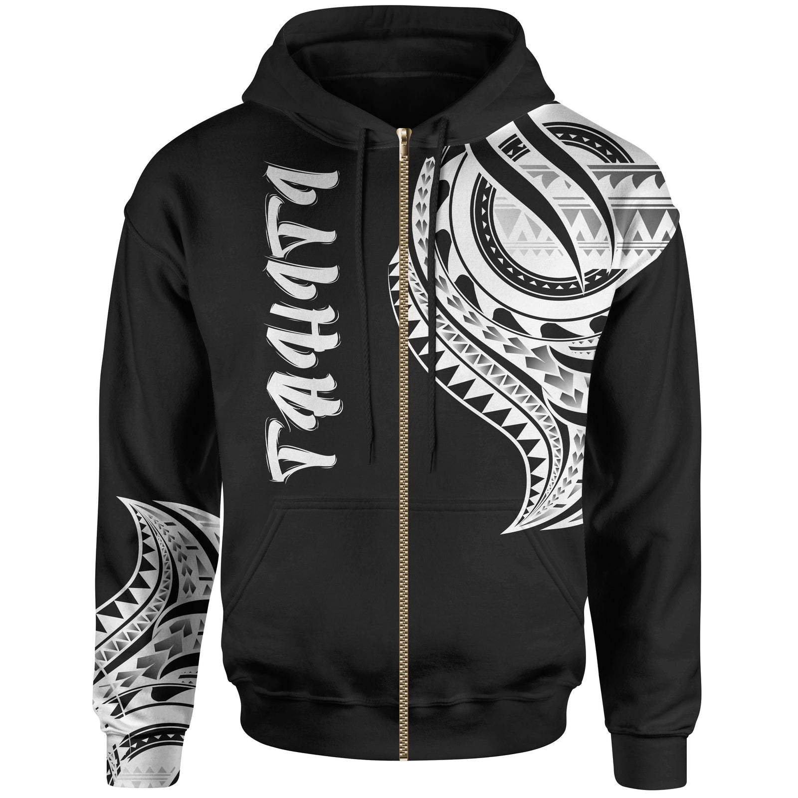 Tahiti Zip Hoodie Tahiti Tatau Patterns Unisex Black - Polynesian Pride