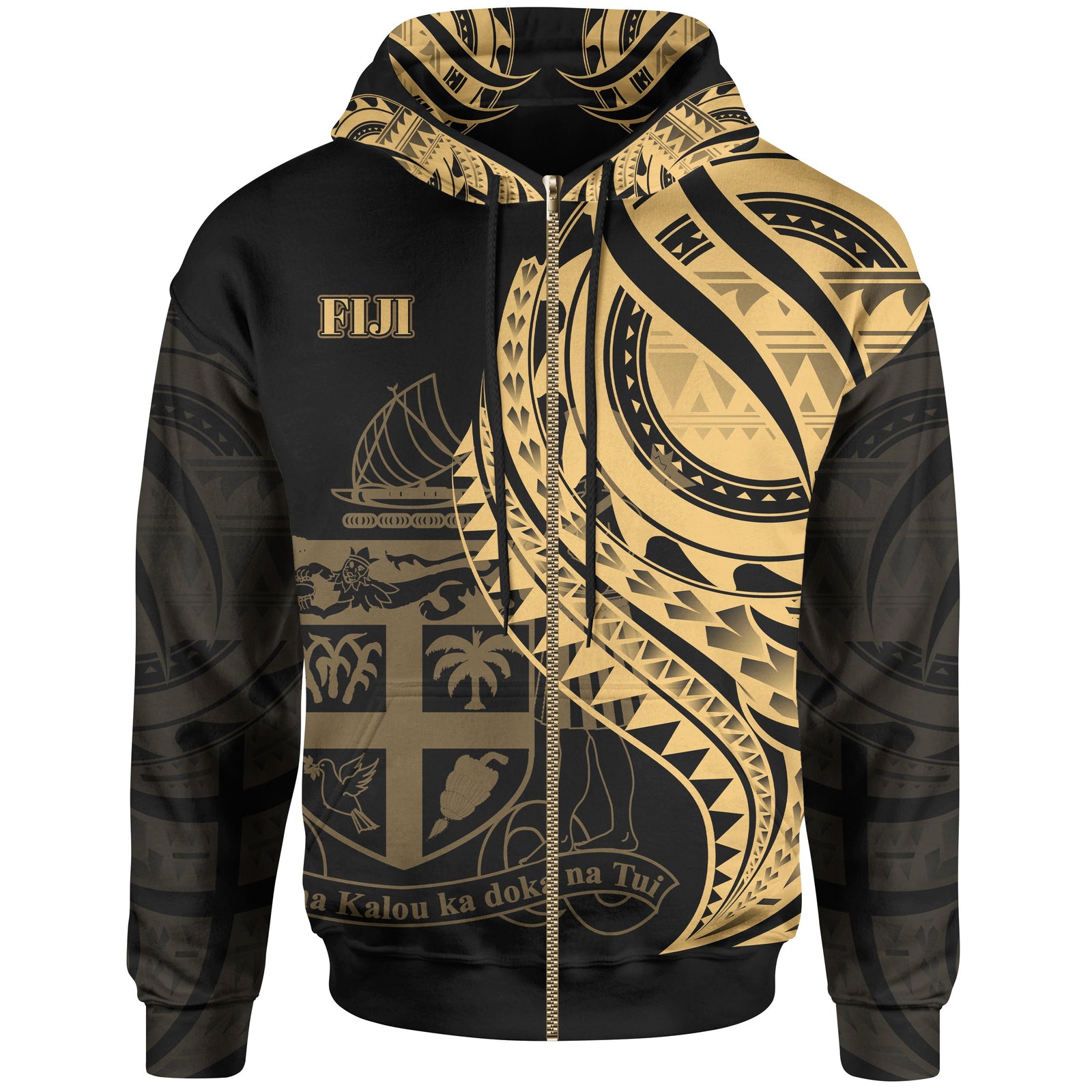 Fiji Zip Hoodie Gold Polynesian Patterns Best Fiji Ever Unisex Black - Polynesian Pride