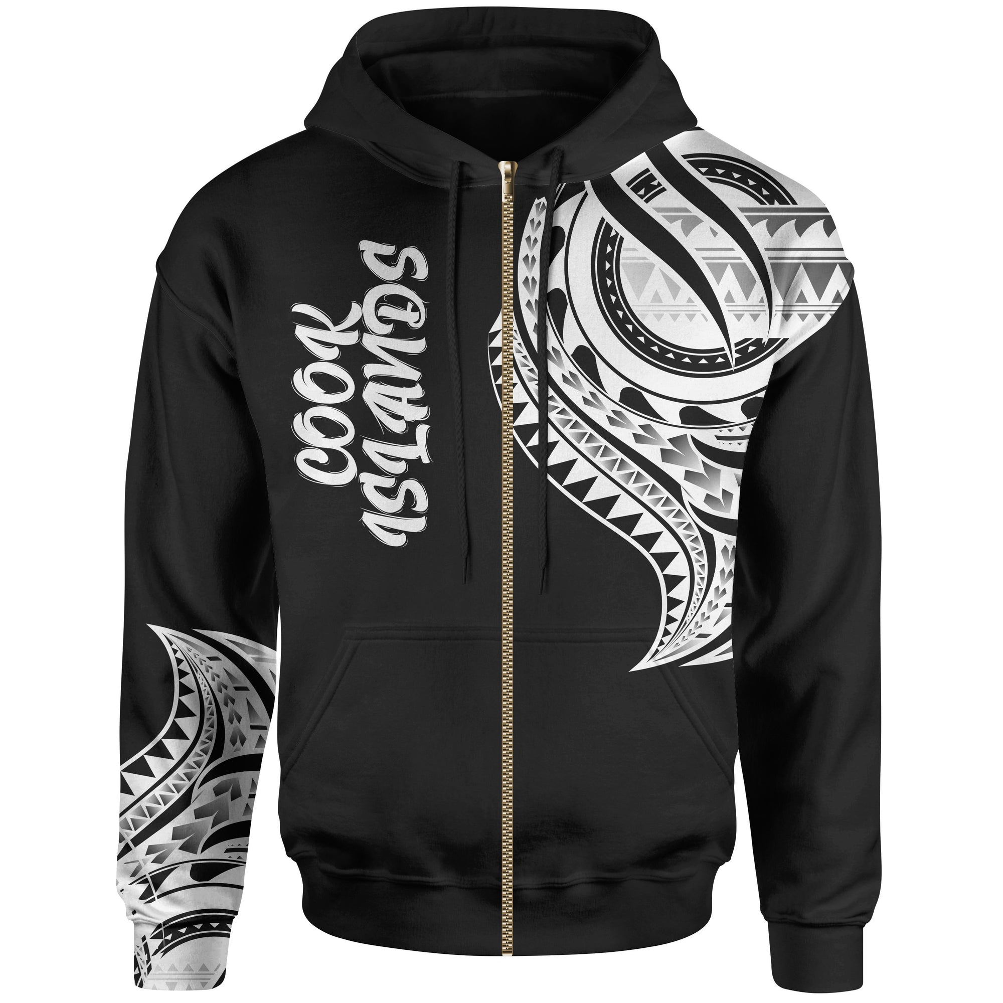 Cook Islands Zip Hoodie Cook Islands Tatau White Patterns Unisex Black - Polynesian Pride
