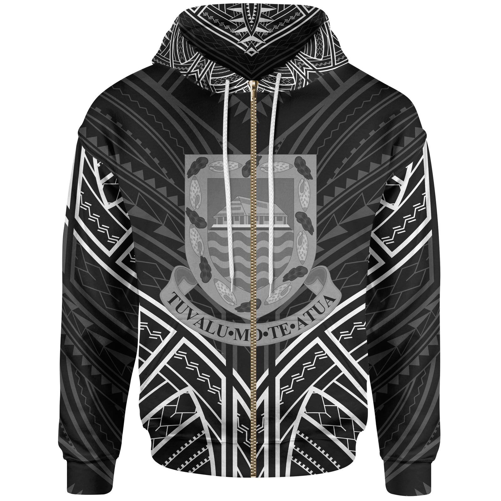 Tuvalu Zip Hoodie Tuvalu Seal Black Tribal Patterns Unisex White - Polynesian Pride