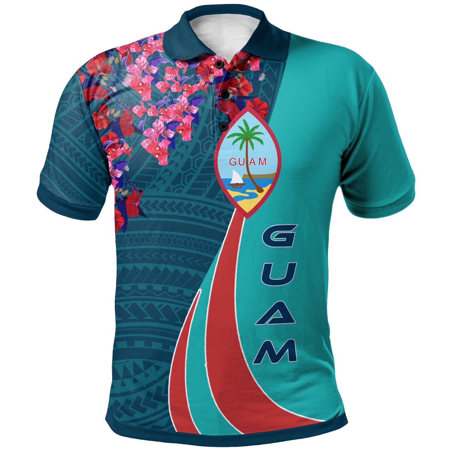 Guam Polo Shirt Guahan Flower Sport Unisex Blue - Polynesian Pride