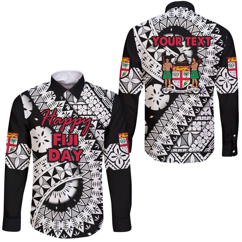 (Custom Personalised) Fiji Day Hawaii Long Sleeve Button Shirt Masi Kesa Black Style LT9 Unisex Black - Polynesian Pride