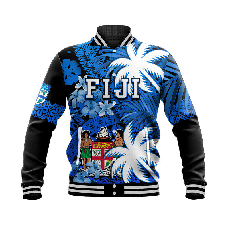 Fiji Coat Of Arms Baseball Jacket Masi Tapa Mixed Palm Tree No2 Blue Version LT9 Unisex Blue - Polynesian Pride