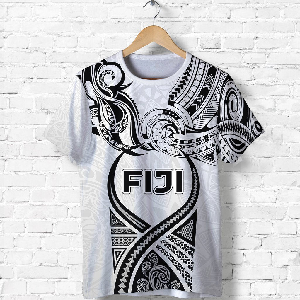 Custom Fiji Rugby T Shirt Polynesian Waves Style, Custom Text and Number Unisex White - Polynesian Pride