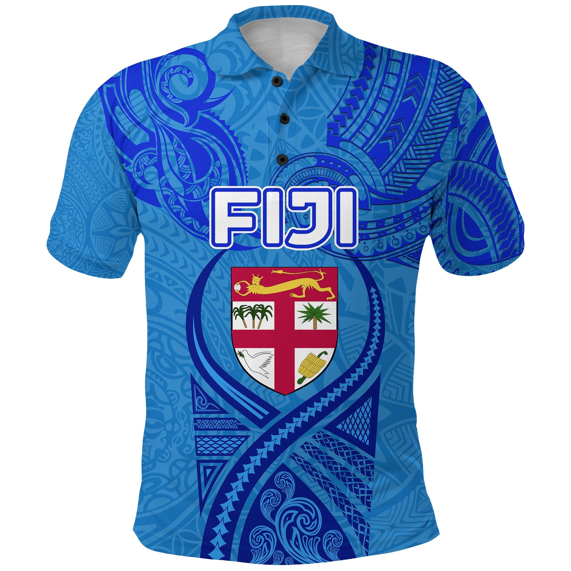 Blue Polo Shirt Fiji Rugby Polynesian Waves Style Unisex Blue - Polynesian Pride