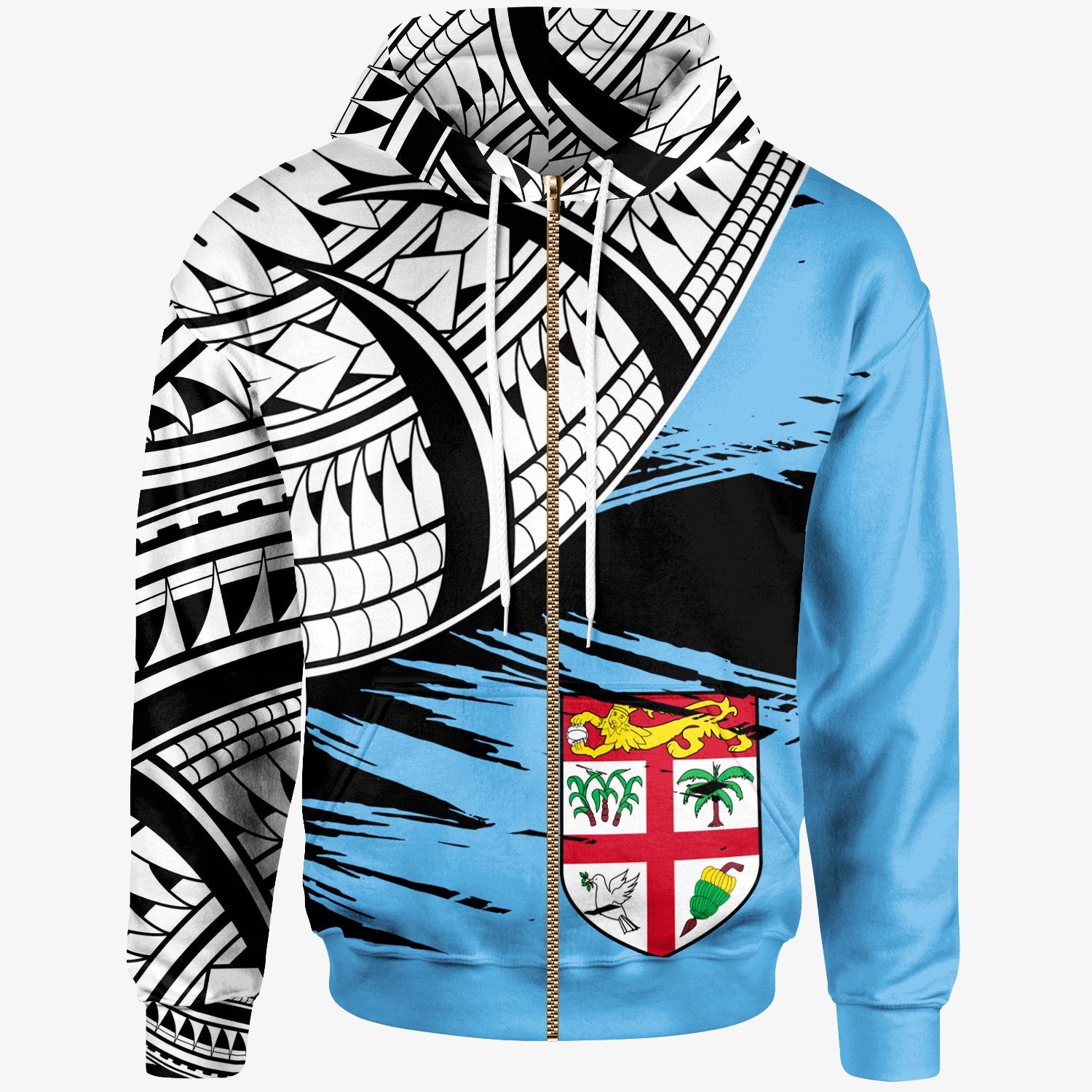 Fiji Custom Zip Hoodie Fiji Flag Style With Claw Pattern Unisex Blue - Polynesian Pride