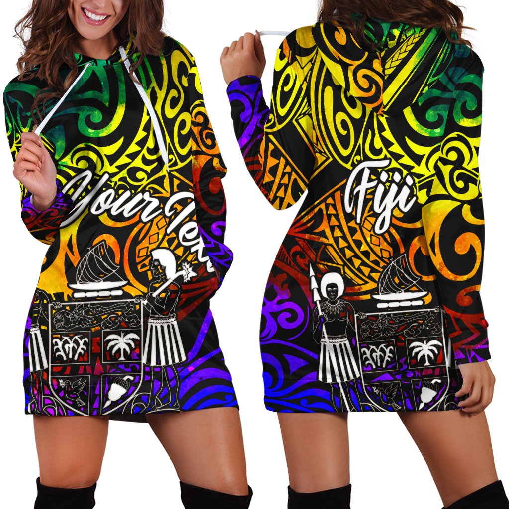 Fiji Custom Personalised Hoodie Dress - Rainbow Polynesian Pattern Crest Rainbow - Polynesian Pride