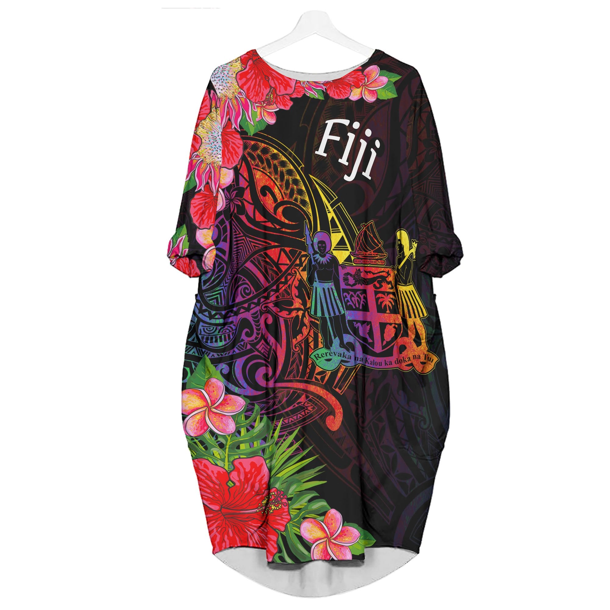 Fiji Batwing Pocket Dress - Tropical Hippie Style Women Black - Polynesian Pride