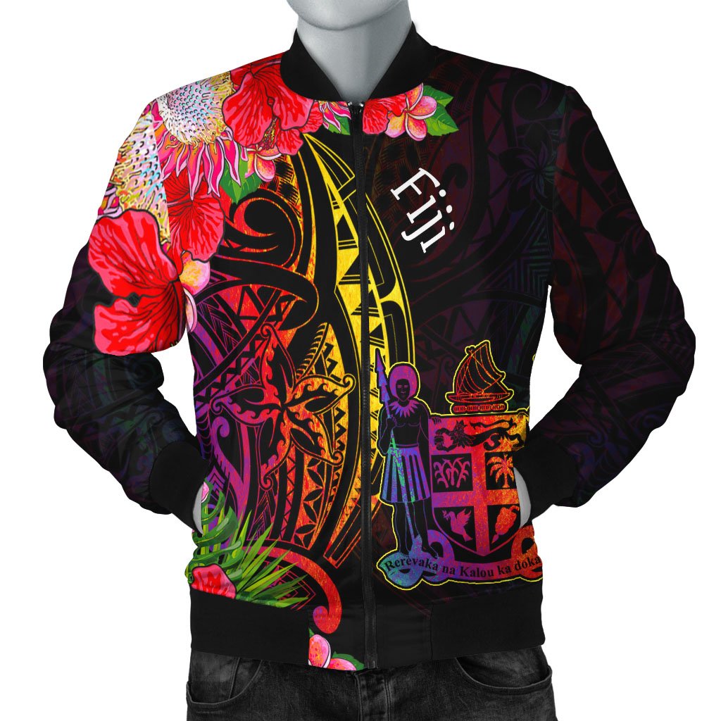 Fiji Men's Bomber Jacket - Tropical Hippie Style Black - Polynesian Pride