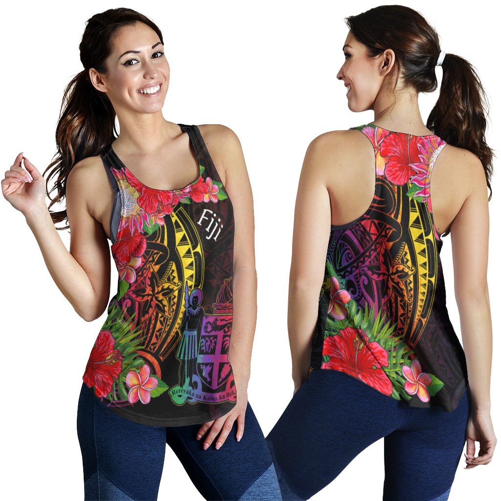 Fiji Women's Racerback Tank - Tropical Hippie Style Black - Polynesian Pride