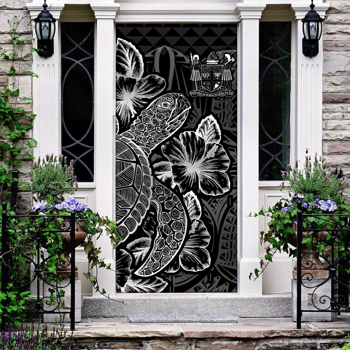 Fiji Door Cover Turtle Hibiscus Black Black - Polynesian Pride