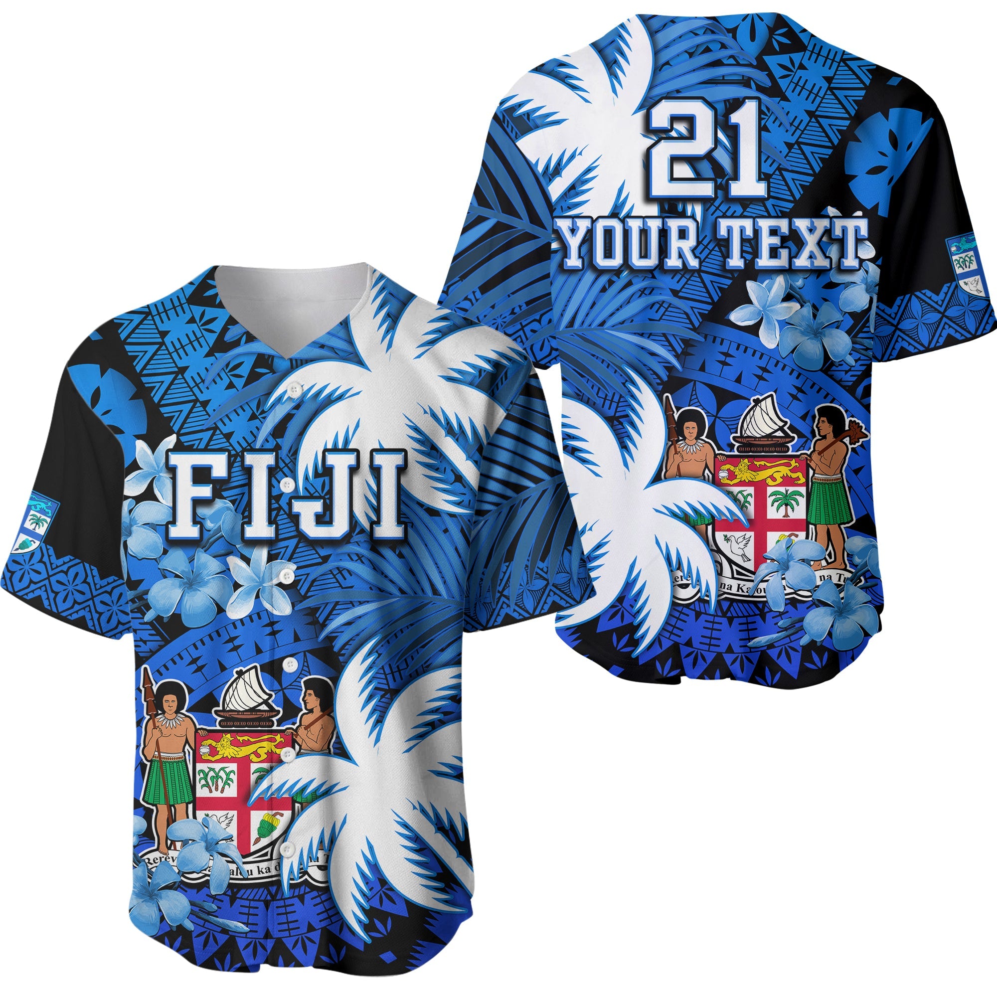 (Custom Personalised) Fiji Coat Of Arms Baseball Jersey Masi Tapa Mixed Palm Tree No2 Blue Color Version LT9 Blue - Polynesian Pride