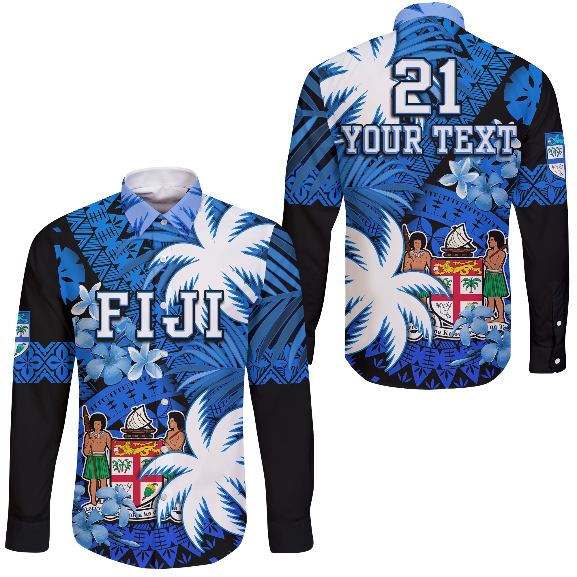 (Custom Personalised) Fiji Coat Of Arms Hawaii Long Sleeve Button Shirt Masi Tapa Mixed Palm Tree No2 Blue Version LT9 Unisex Blue - Polynesian Pride