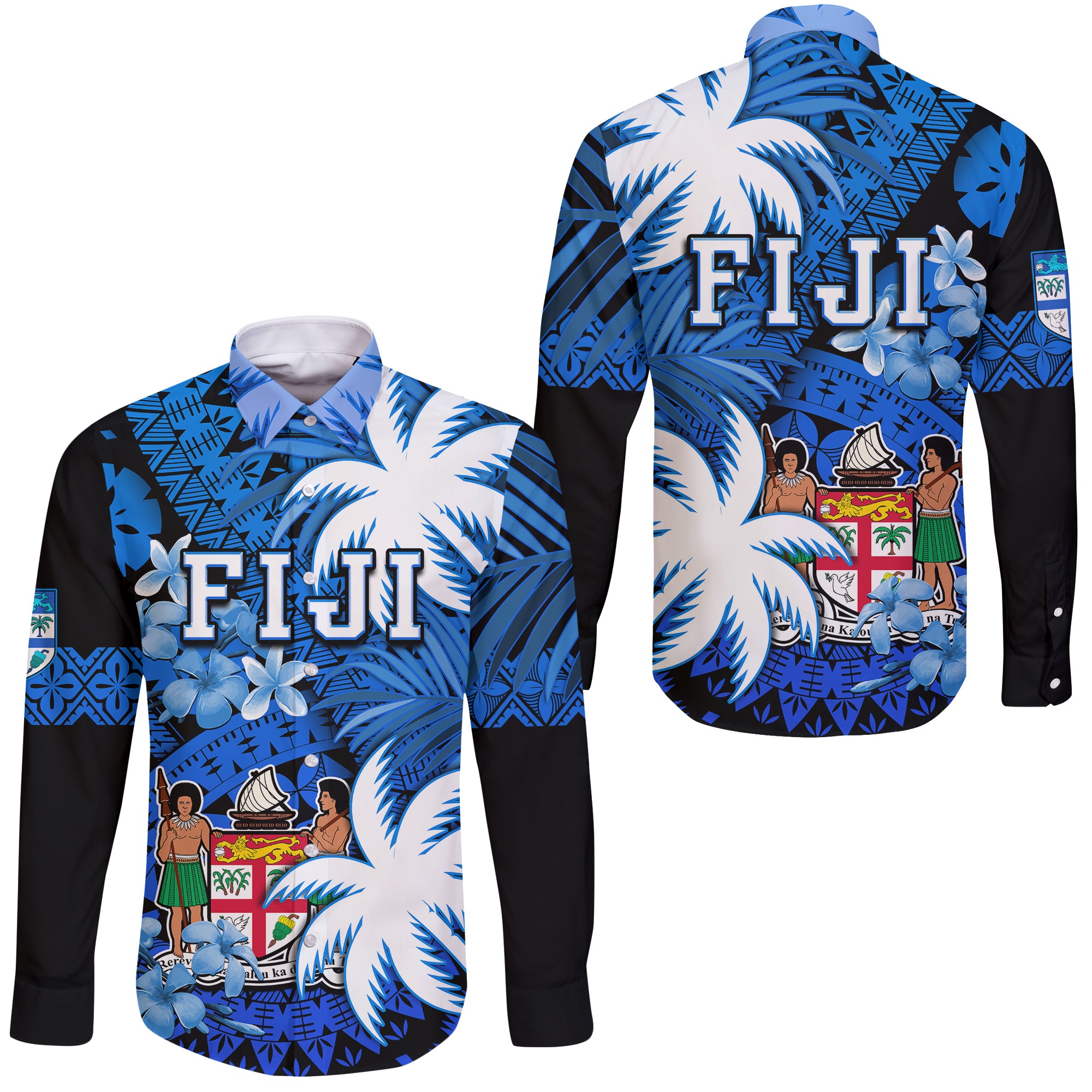 Fiji Coat Of Arms Hawaii Long Sleeve Button Shirt Masi Tapa Mixed Palm Tree No2 Blue Version LT9 Unisex Blue - Polynesian Pride