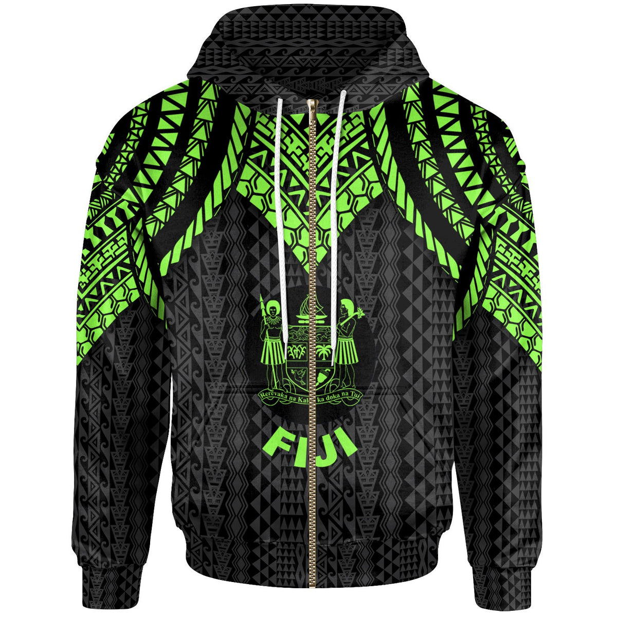 Fiji Zip up Hoodie Polynesian Armor Style Green Unisex Green - Polynesian Pride
