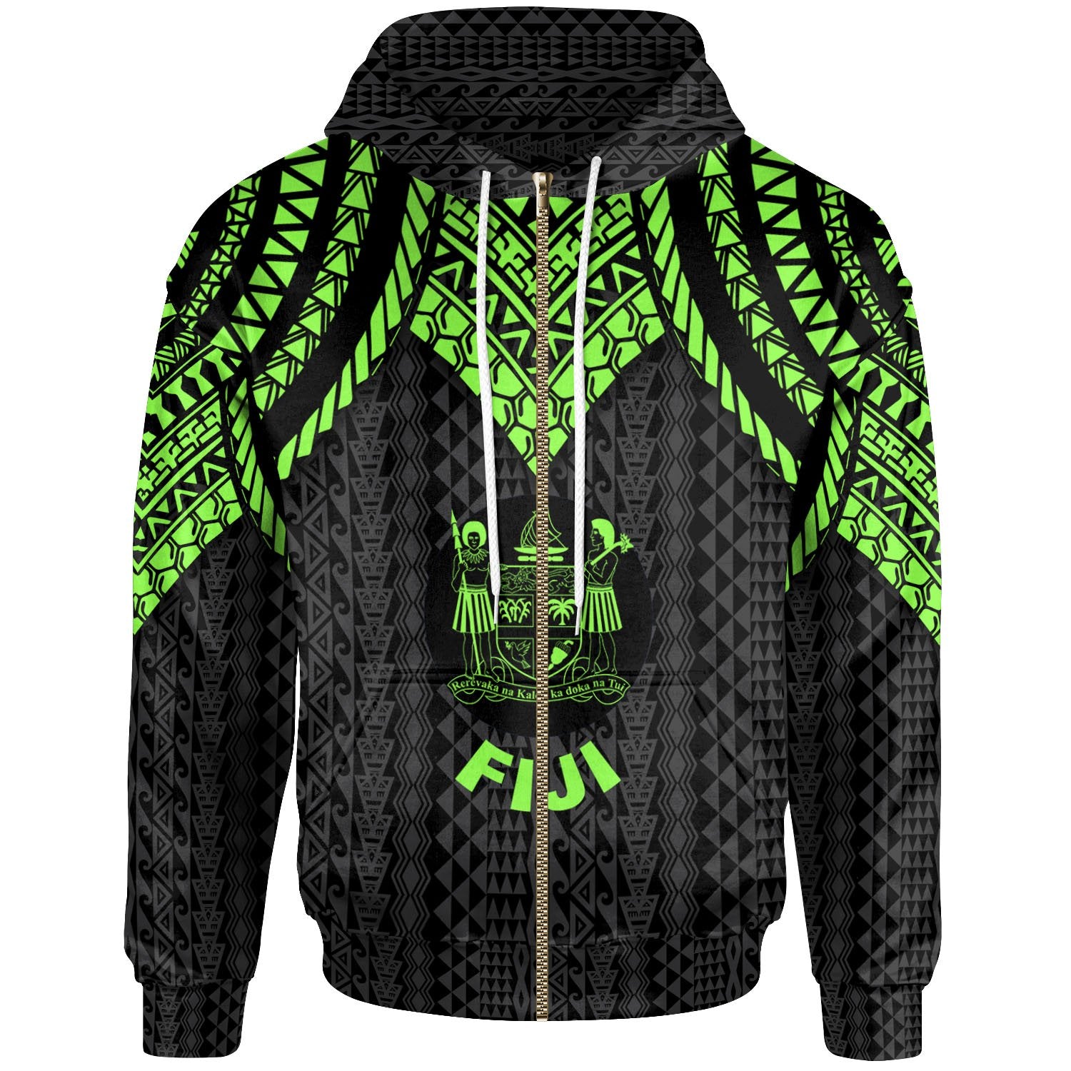 Fiji Zip up Hoodie Polynesian Armor Style Green Unisex Green - Polynesian Pride
