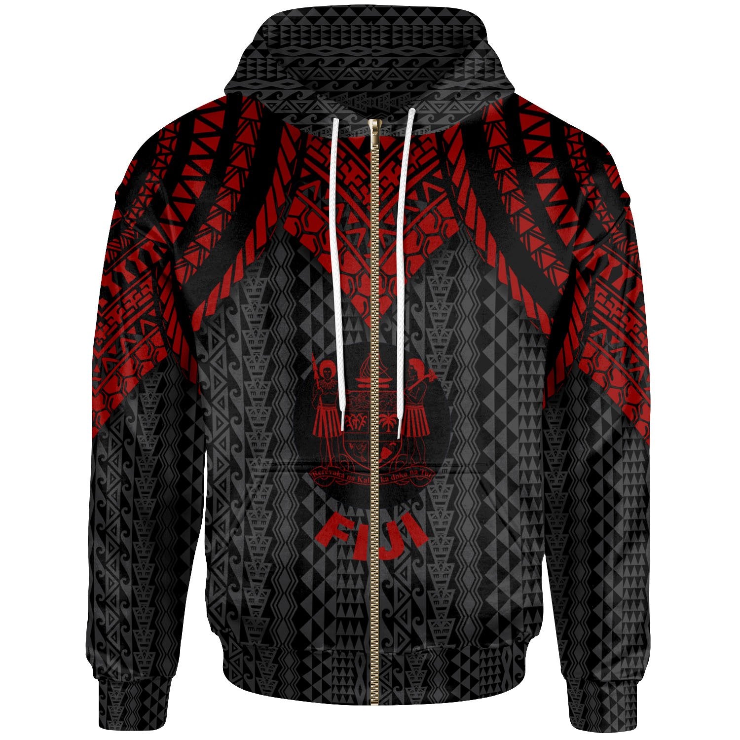 Fiji Zip up Hoodie Polynesian Armor Style Red Unisex Red - Polynesian Pride