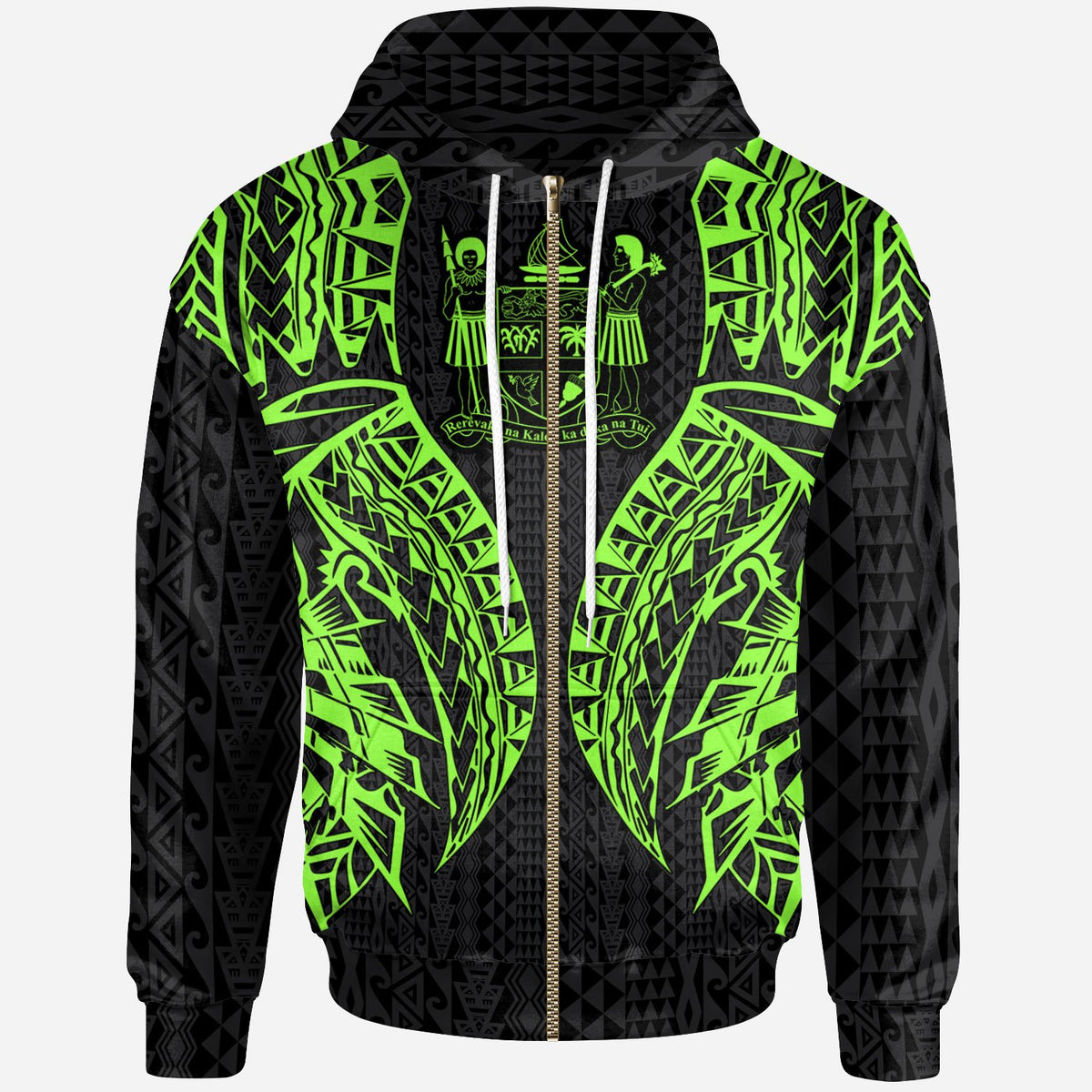 Fiji Zip up Hoodie Polynesian Lion Head Green Style Unisex Green - Polynesian Pride