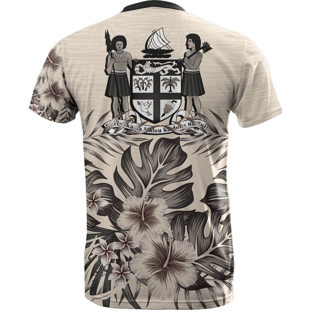 Fiji T Shirt Fijian Coat of Arms Beige Hibiscus - Polynesian Pride