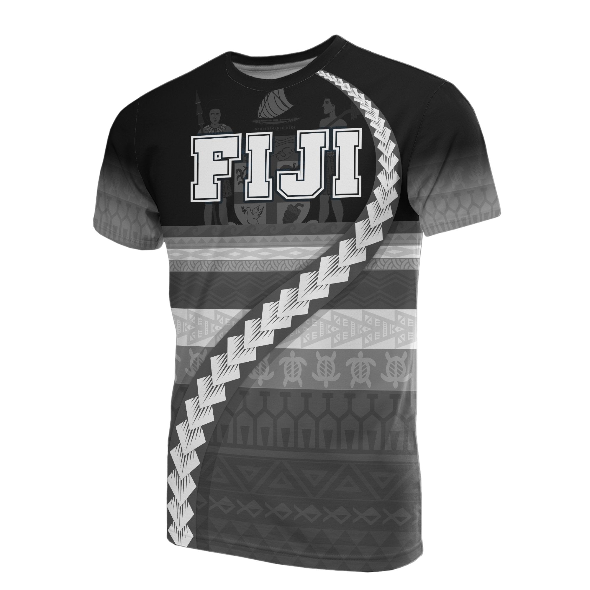 Fiji All Over T Shirt Fiji Coat of Arms Tribal Line Black White Unisex Black - Polynesian Pride