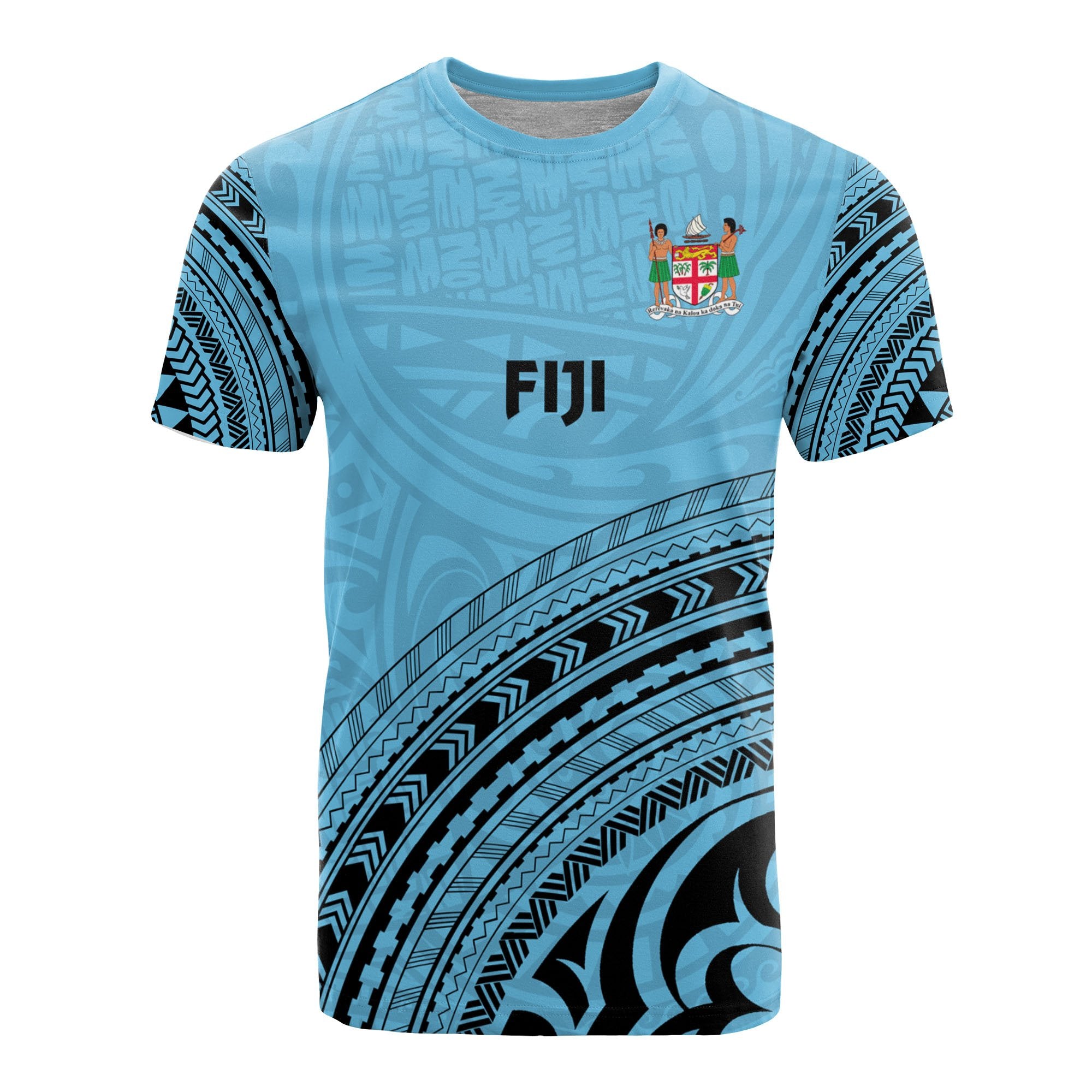 Fiji All Over T Shirt Fiji Coat of Arms Polynesian Tribal Light Blue Version Unisex Blue - Polynesian Pride