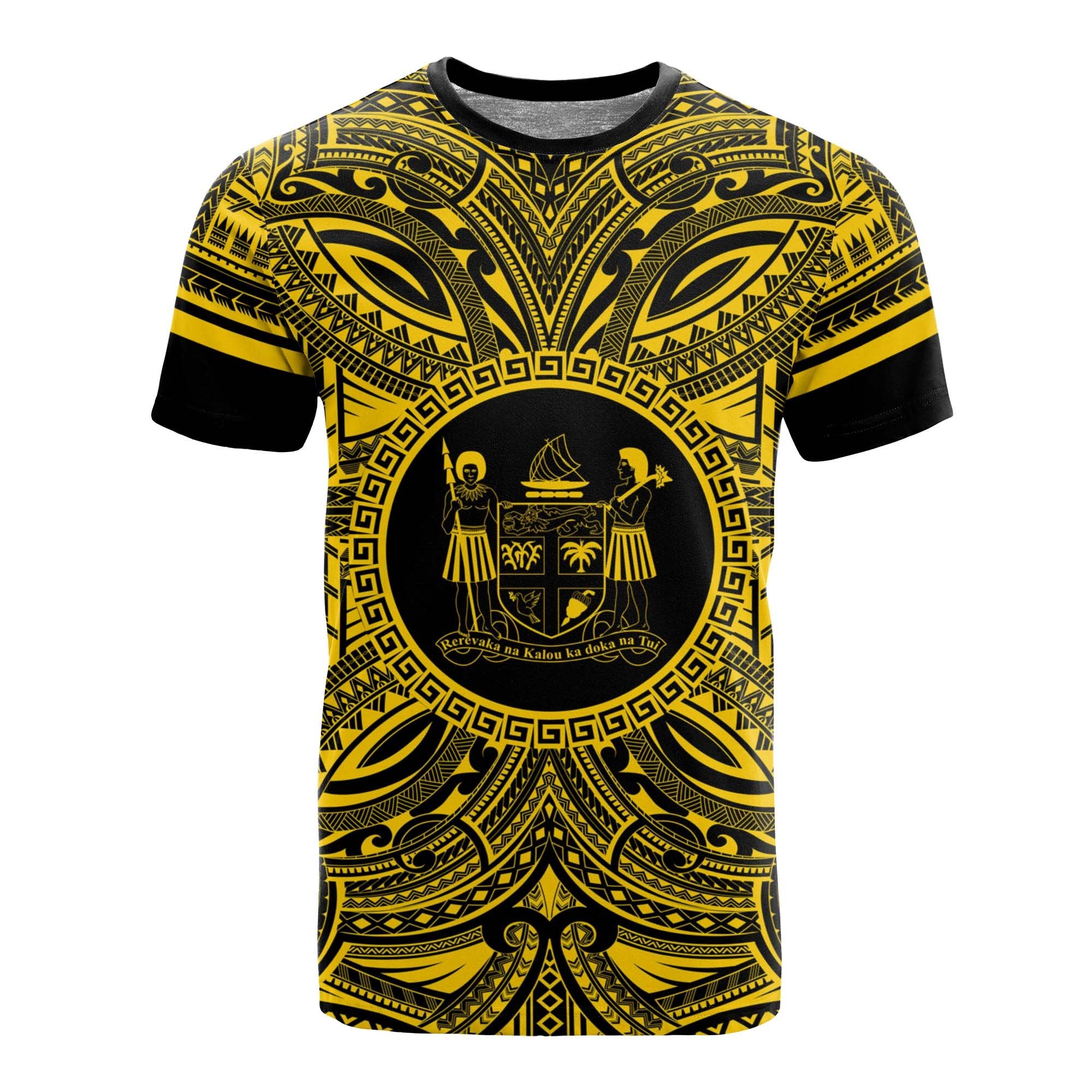 Fiji T Shirt Fijian Coat of Arms Polynesian Gold Black Unisex Gold - Polynesian Pride