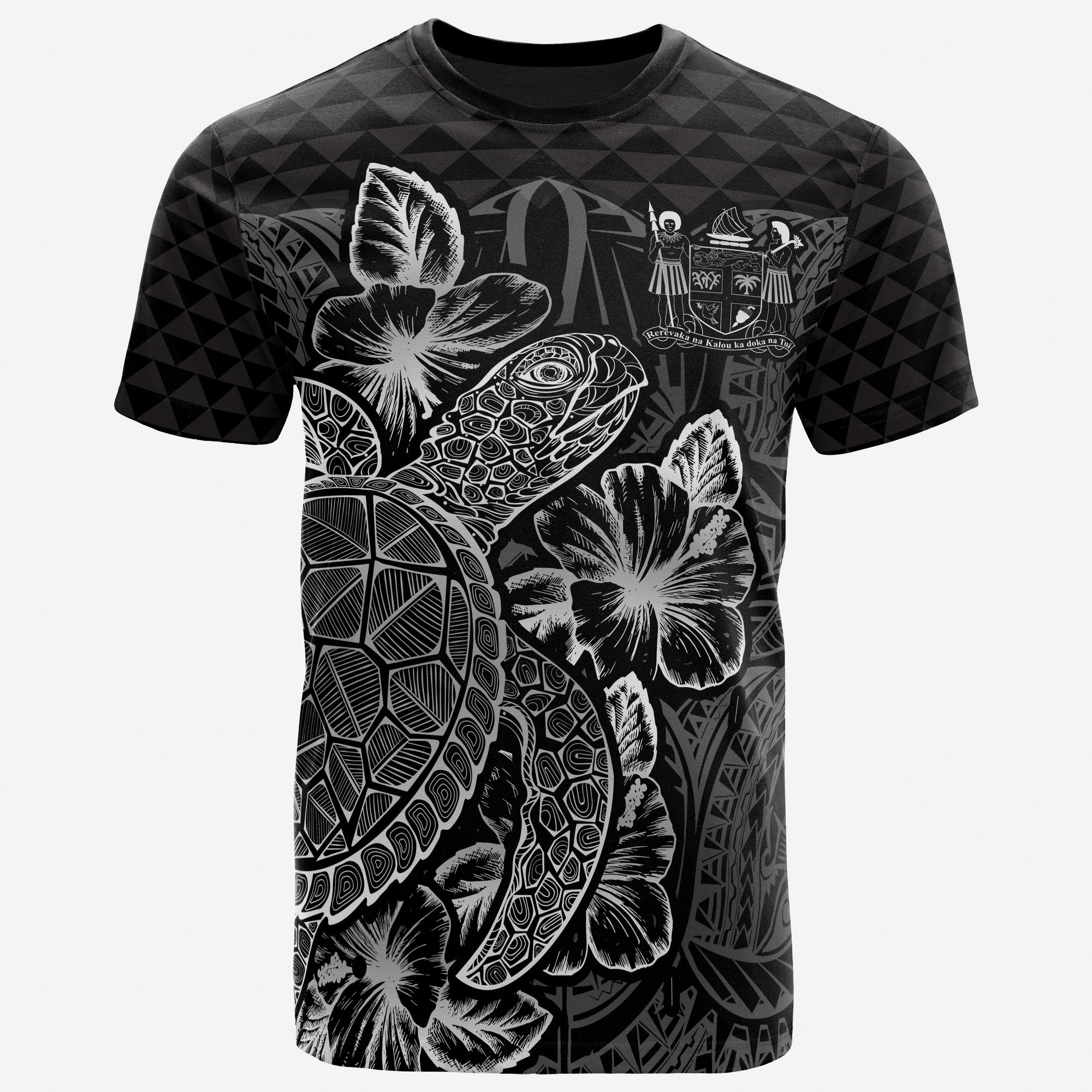Fiji T Shirt Fijian Coat of Arms Turtle Hibiscus Black Unisex Black - Polynesian Pride
