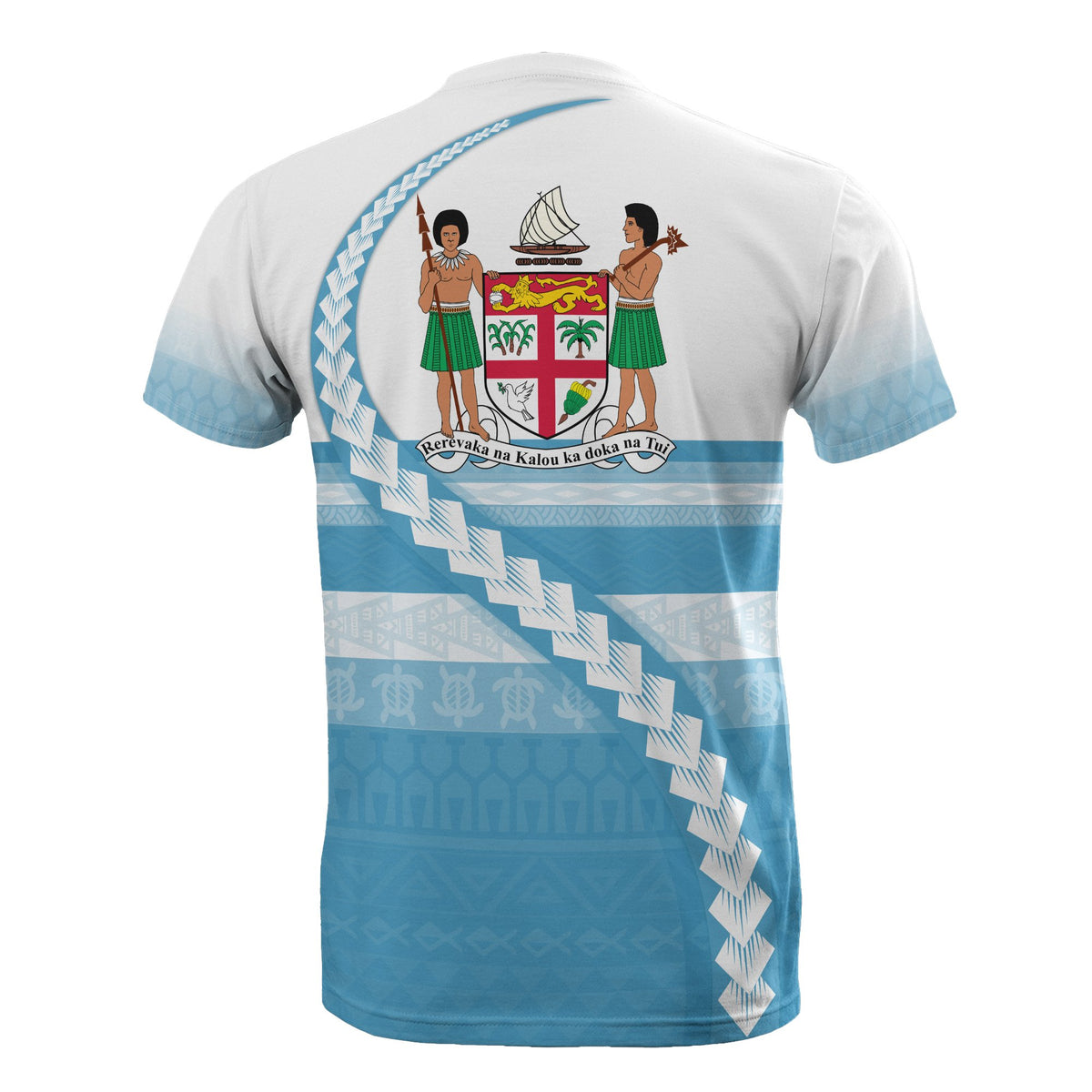 Fiji All Over T Shirt Fiji Coat of Arms Tribal Line White Blue - Polynesian Pride