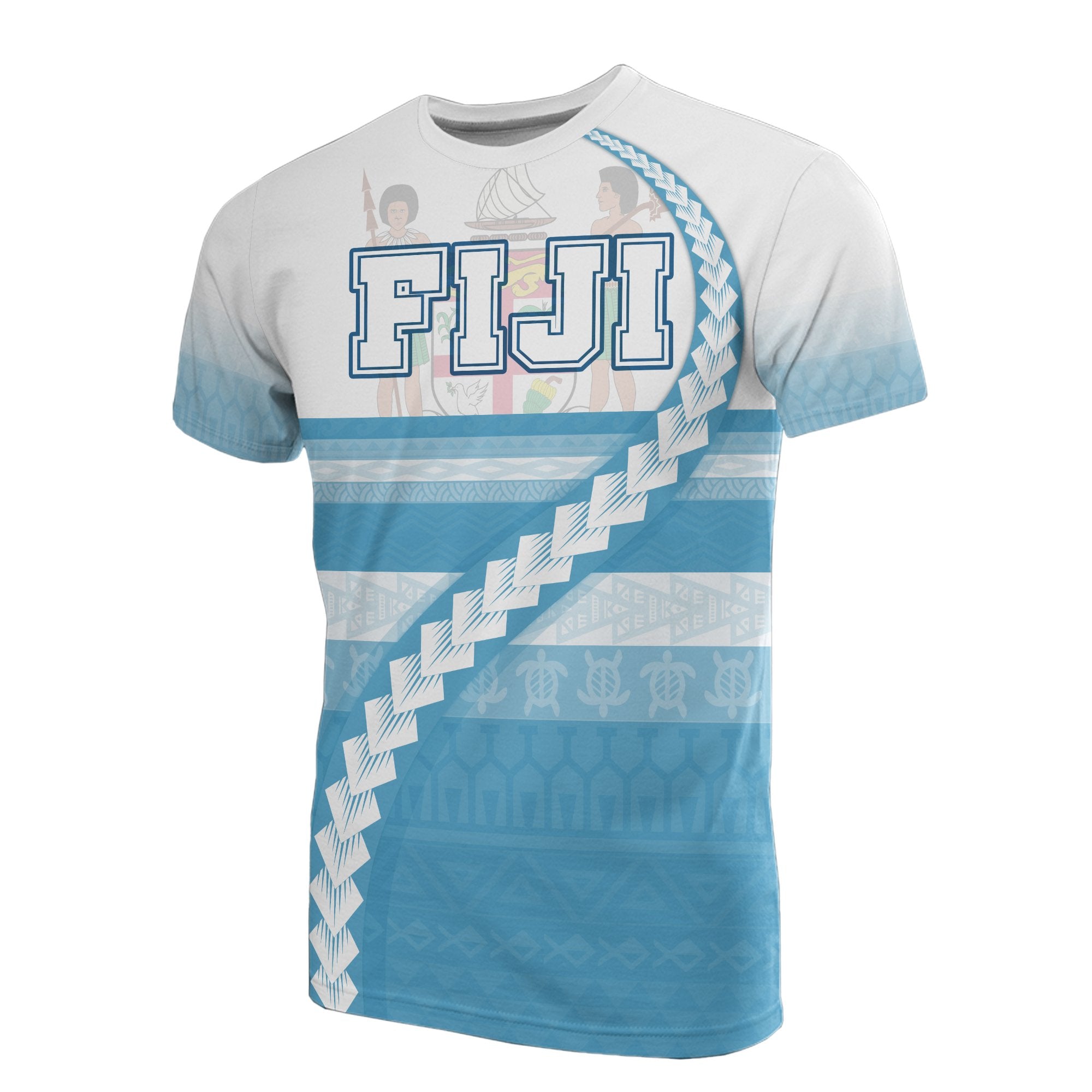 Fiji All Over T Shirt Fiji Coat of Arms Tribal Line White Blue Unisex Blue - Polynesian Pride