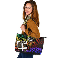 Fiji Large Leather Tote Bag - Rainbow Polynesian Pattern - Polynesian Pride