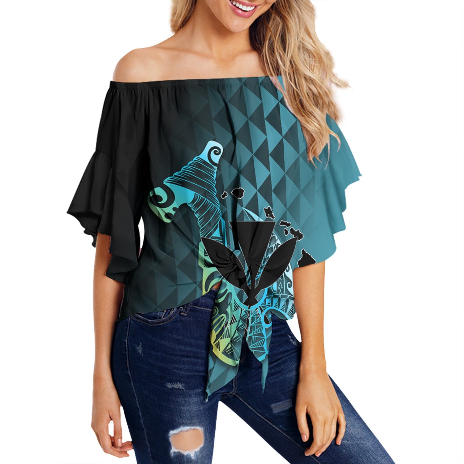 (Personalized) Hawaiian - Kanaka Fish Hook Off Shoulder Waist Wrap Top - Diamond Style - AH Female Blue - Polynesian Pride