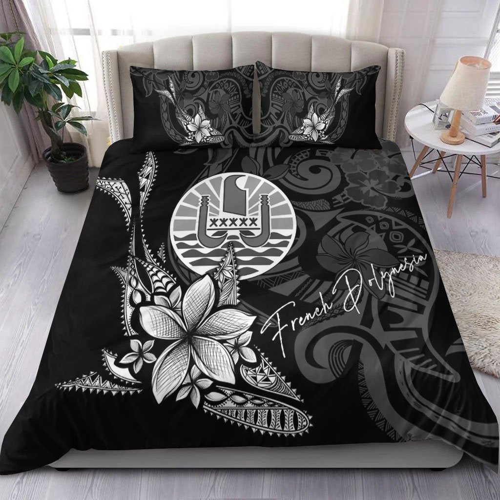 French Polynesia Bedding Set - Fish With Plumeria Flowers Style Black - Polynesian Pride