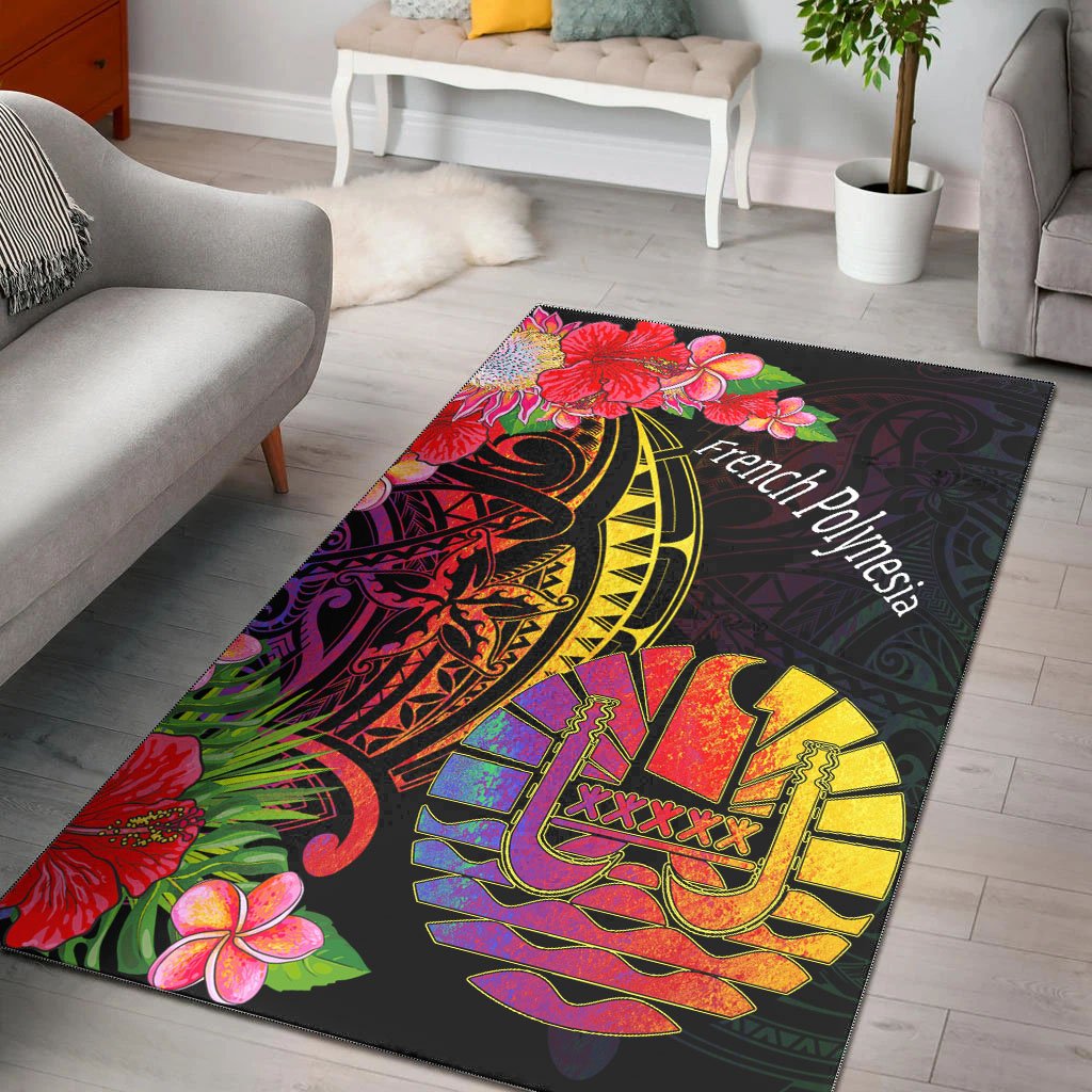 French Polynesia Area Rug - Tropical Hippie Style Black - Polynesian Pride