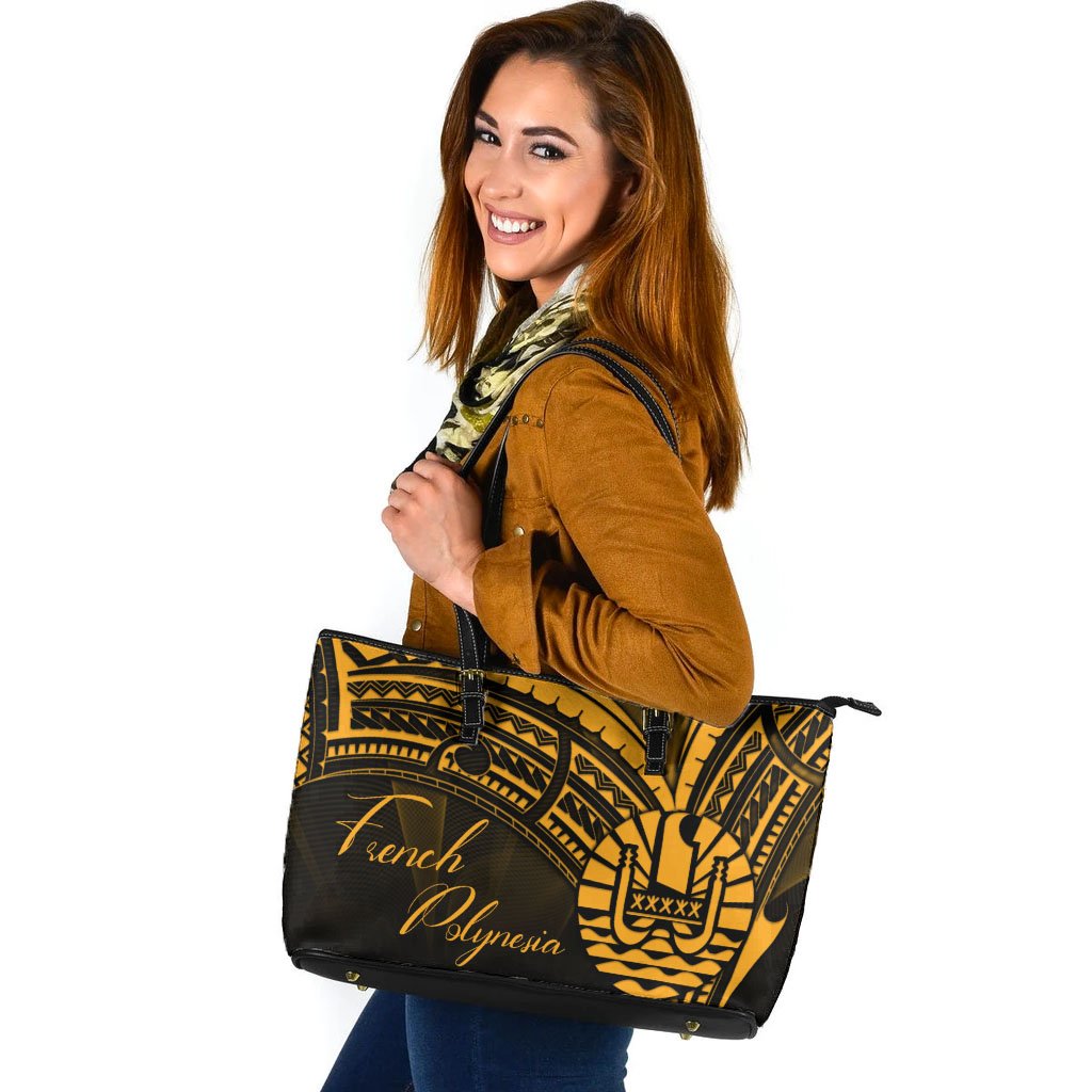 French Polynesia Leather Tote - Gold Color Cross Style Black - Polynesian Pride