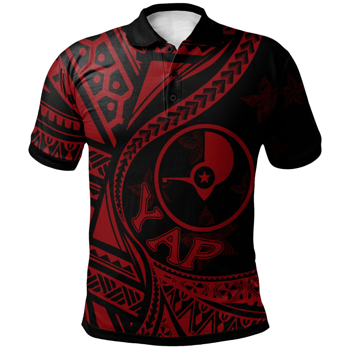 Yap Polo Shirt Plumeria Flowers Red Version Unisex Black - Polynesian Pride