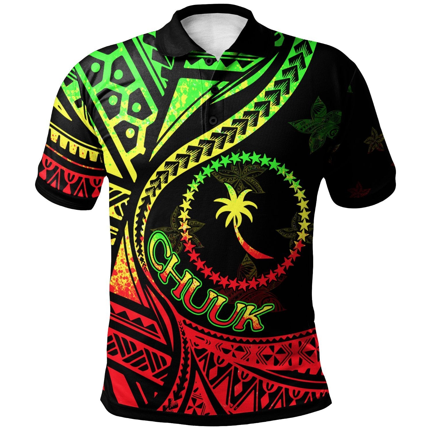 Chuuk Polo Shirt Plumeria Flowers Reggae Version Unisex Black - Polynesian Pride