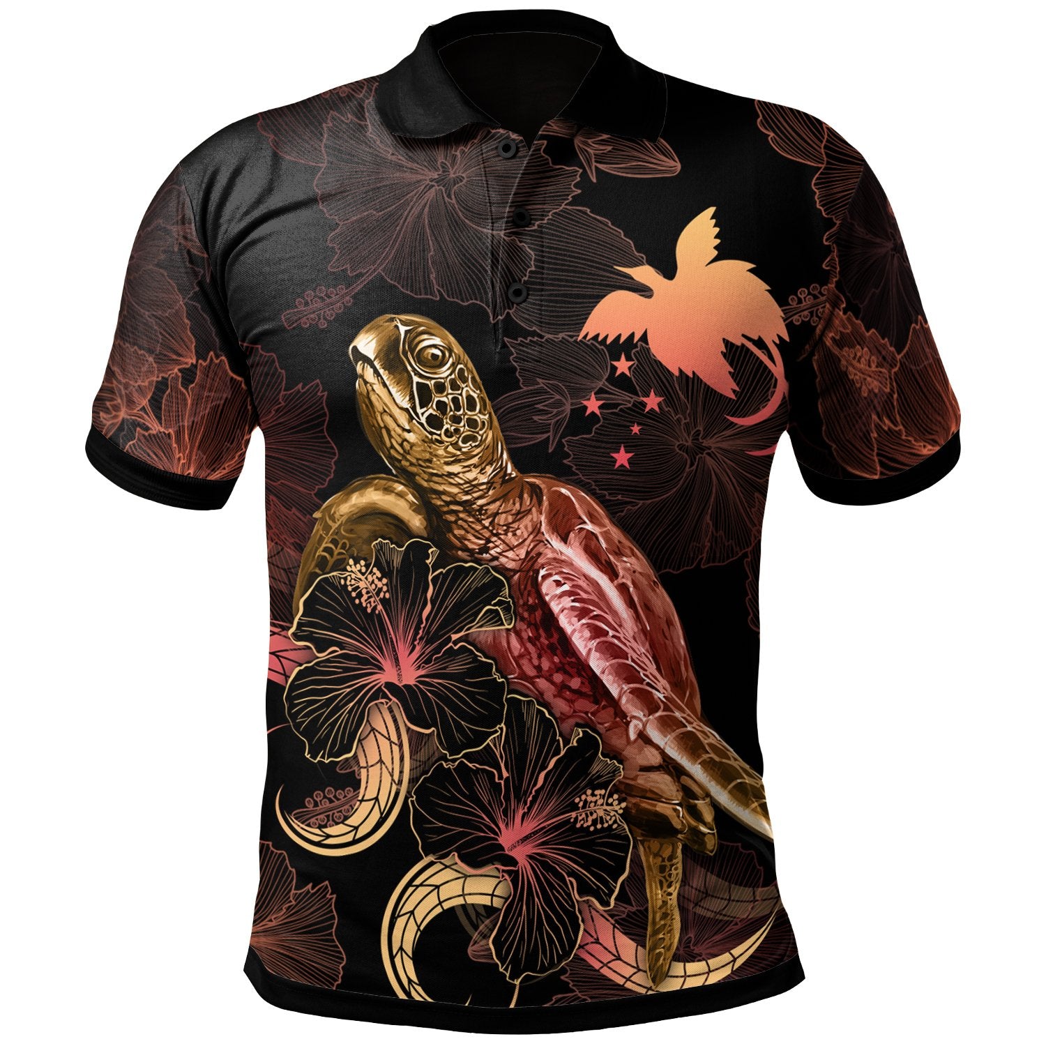 Papua New Guinea Polynesian Polo Shirt Turtle With Blooming Hibiscus Gold Unisex Gold - Polynesian Pride