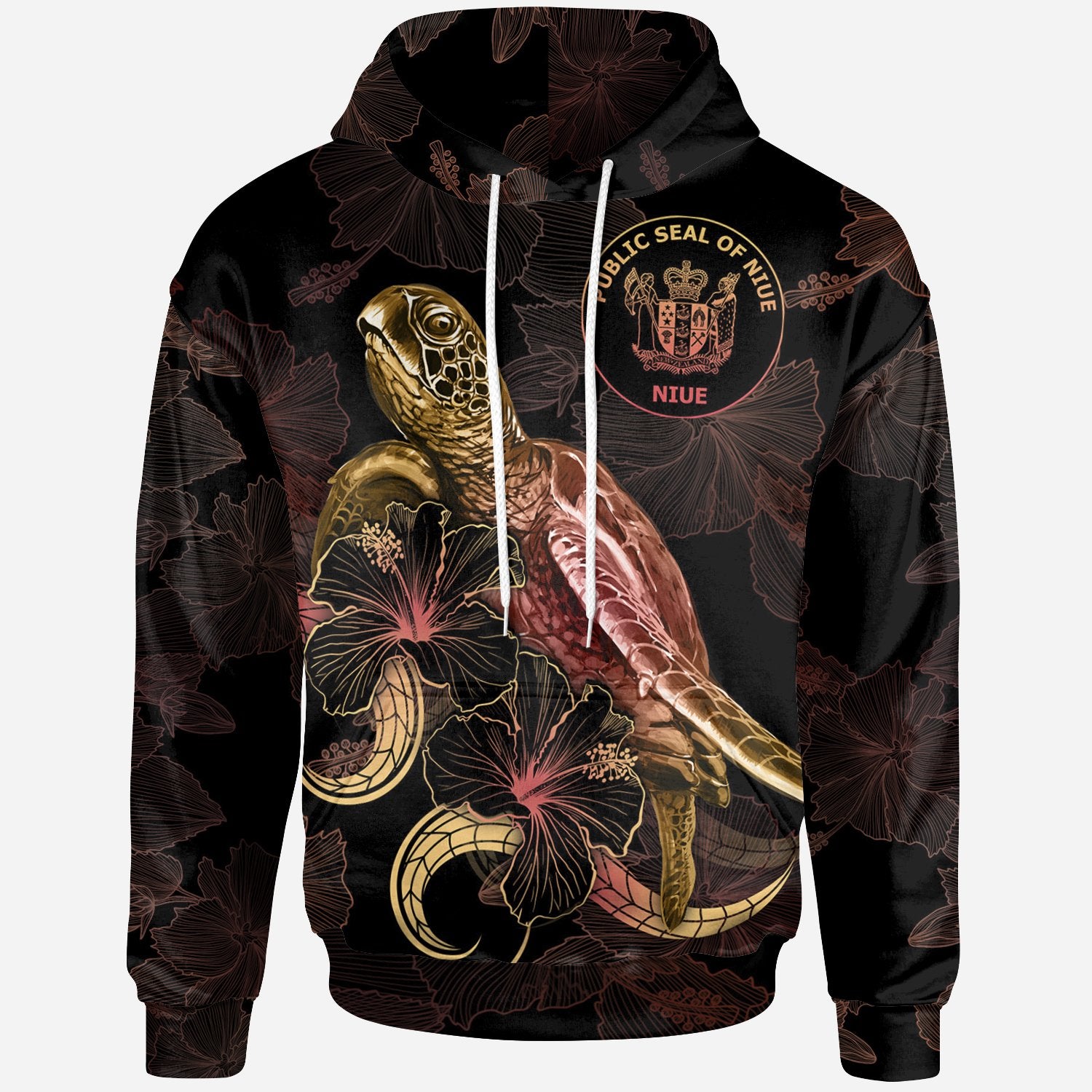 Niue Polynesian Hoodie Turtle With Blooming Hibiscus Gold Unisex Gold - Polynesian Pride