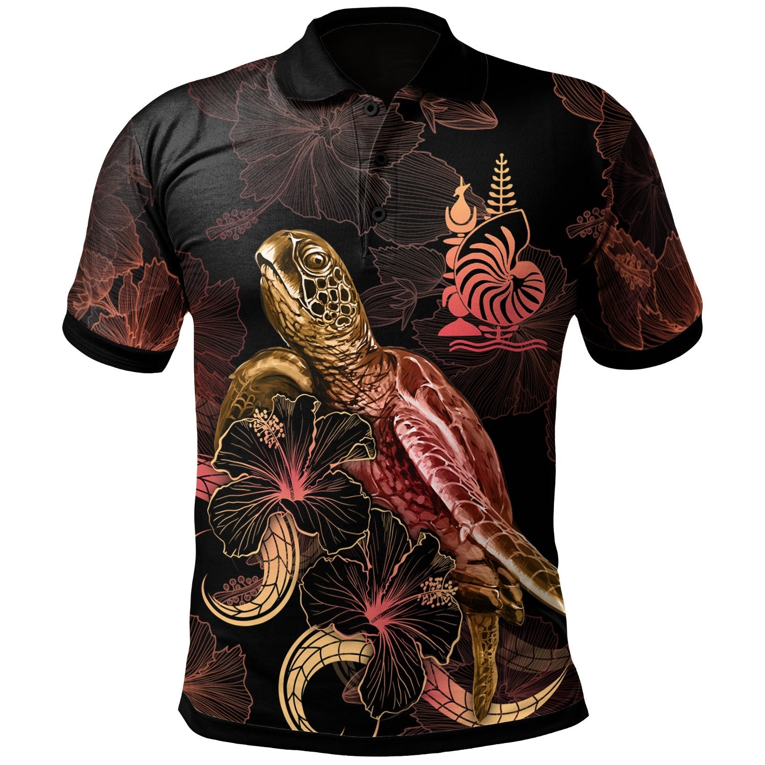 New Caledonia Polynesian Polo Shirt Turtle With Blooming Hibiscus Gold Unisex Gold - Polynesian Pride