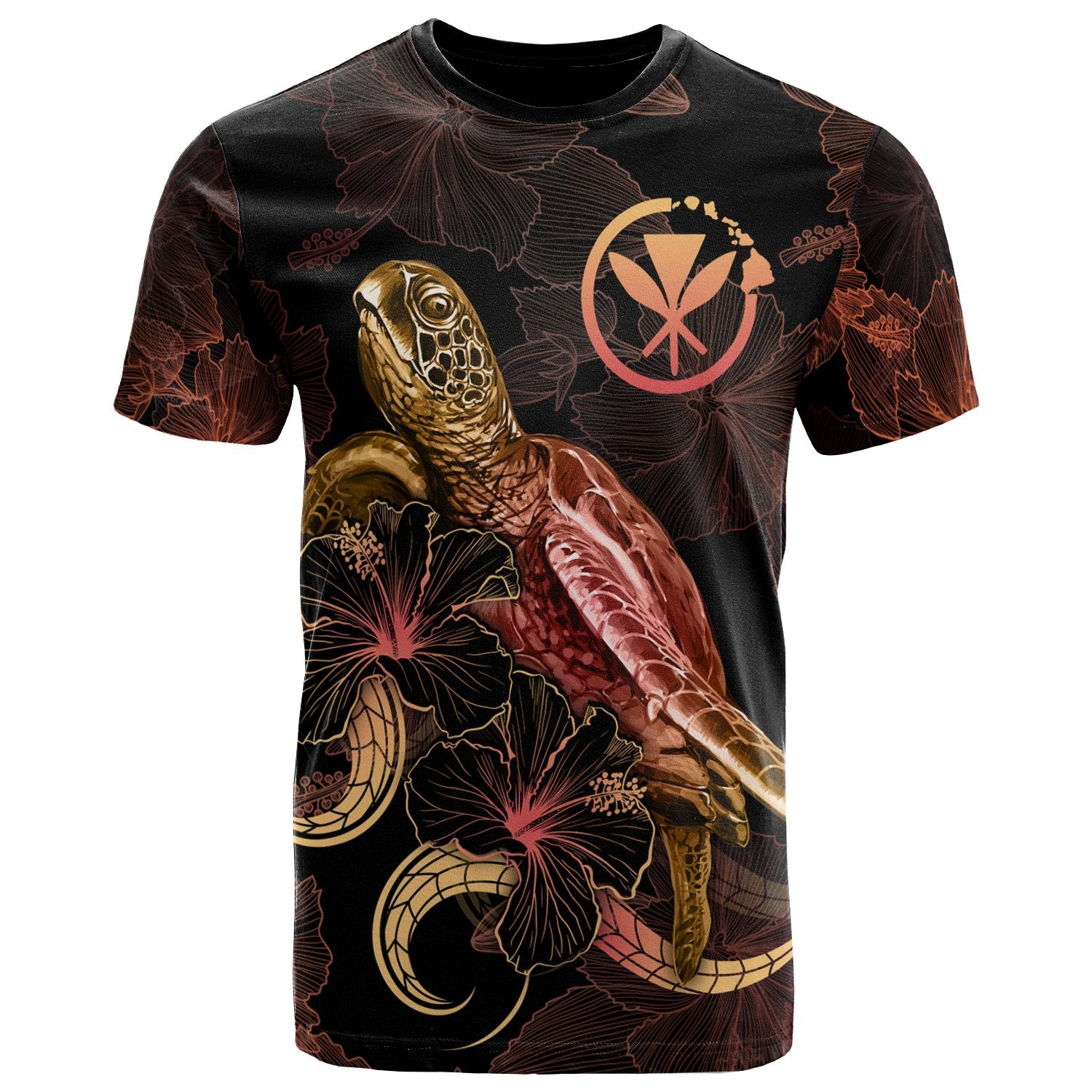 Hawaii Polynesian T Shirt Turtle With Blooming Hibiscus Gold Unisex Art - Polynesian Pride