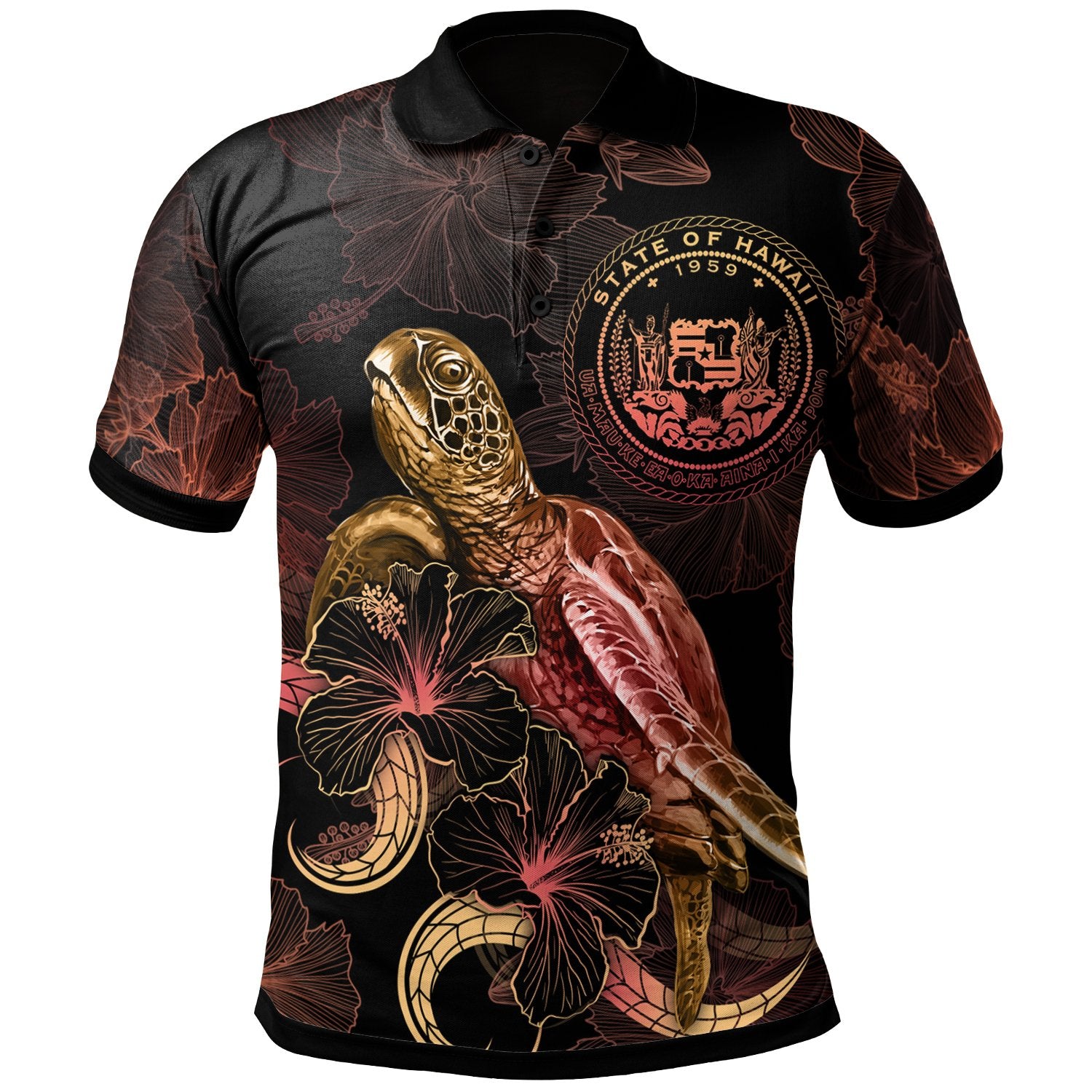 Hawaii Polynesian Polo Shirt Turtle With Blooming Hibiscus Gold Unisex Gold - Polynesian Pride