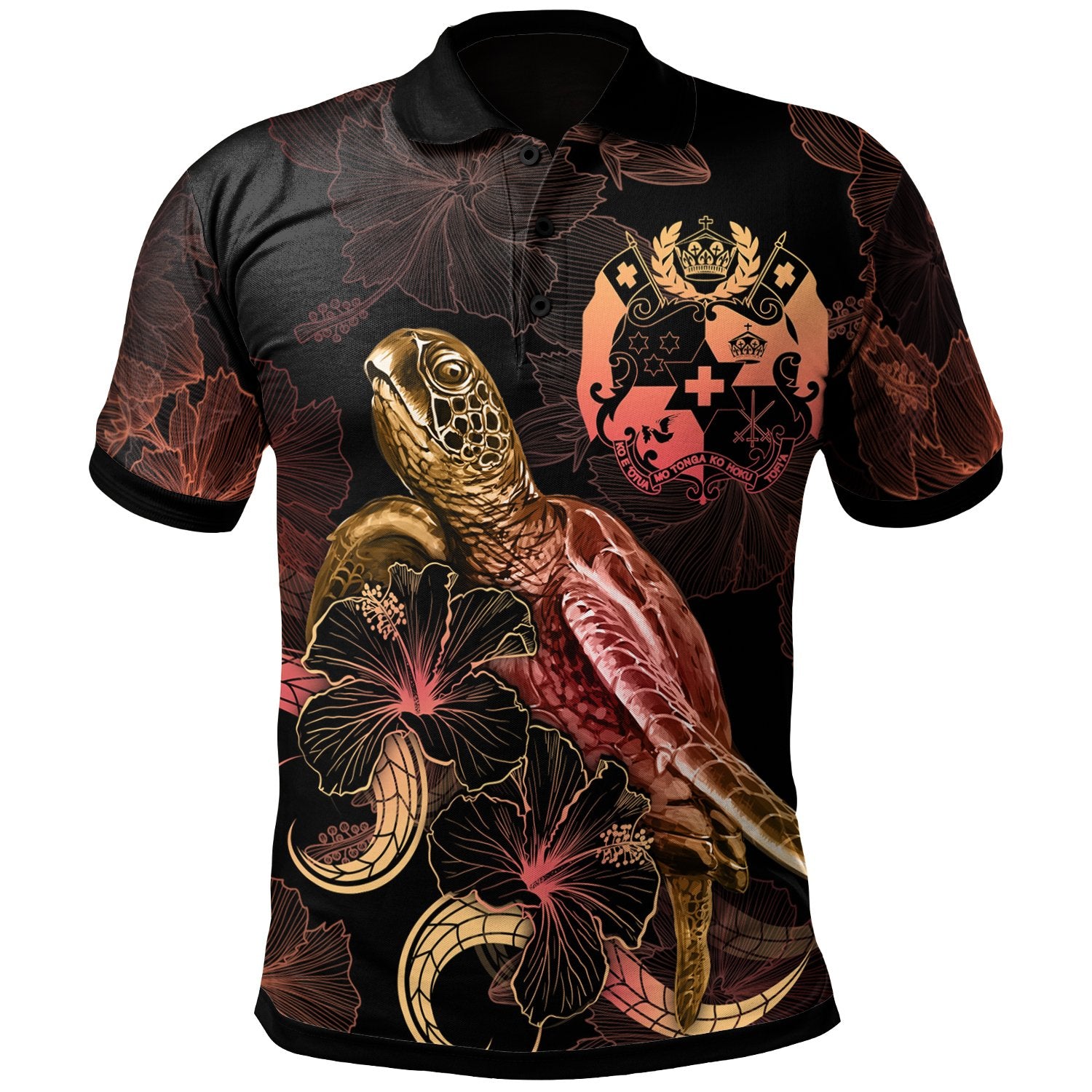 Tonga Polynesian Polo Shirt Turtle With Blooming Hibiscus Gold Unisex Gold - Polynesian Pride