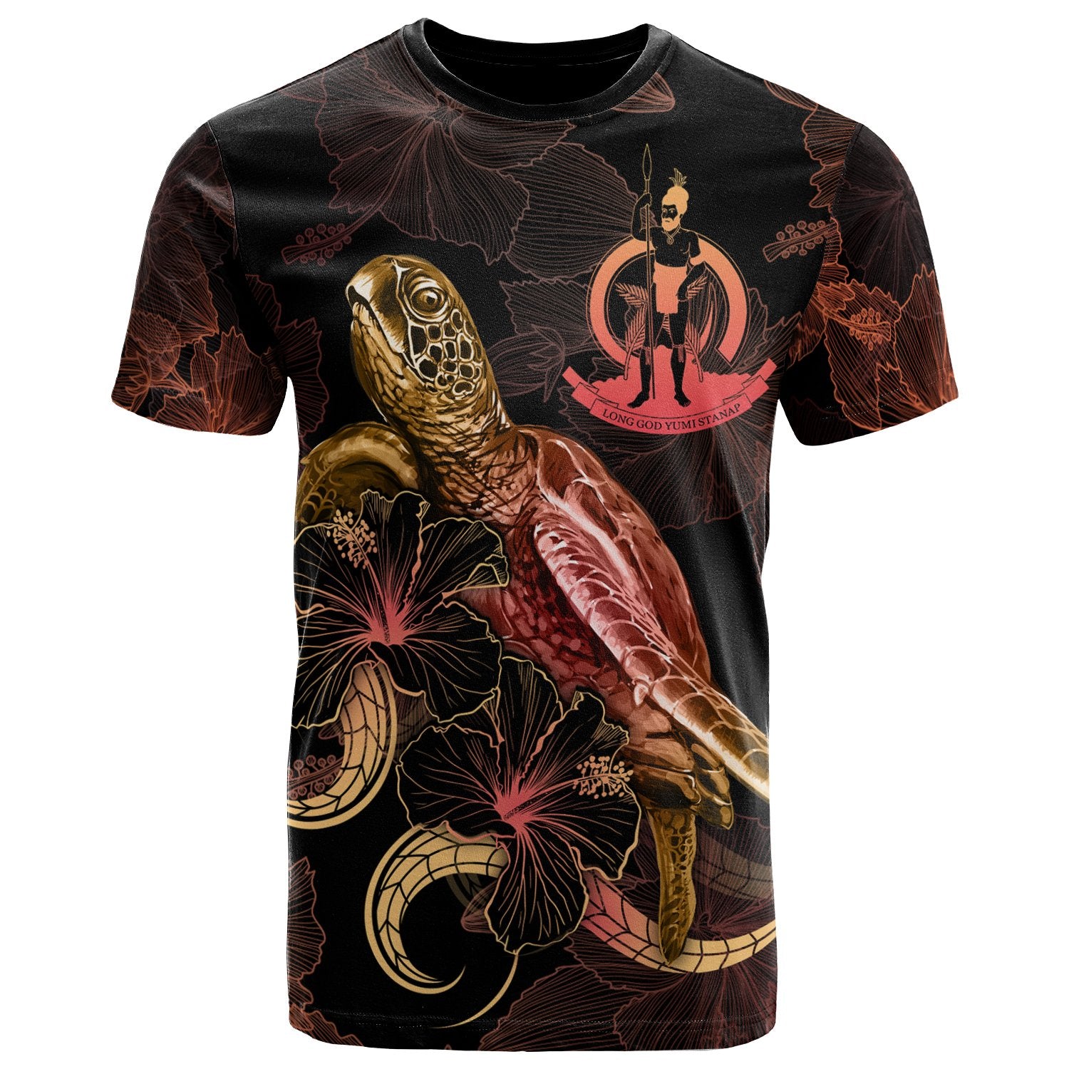 Vanuatu Polynesian T Shirt Turtle With Blooming Hibiscus Gold Unisex Art - Polynesian Pride