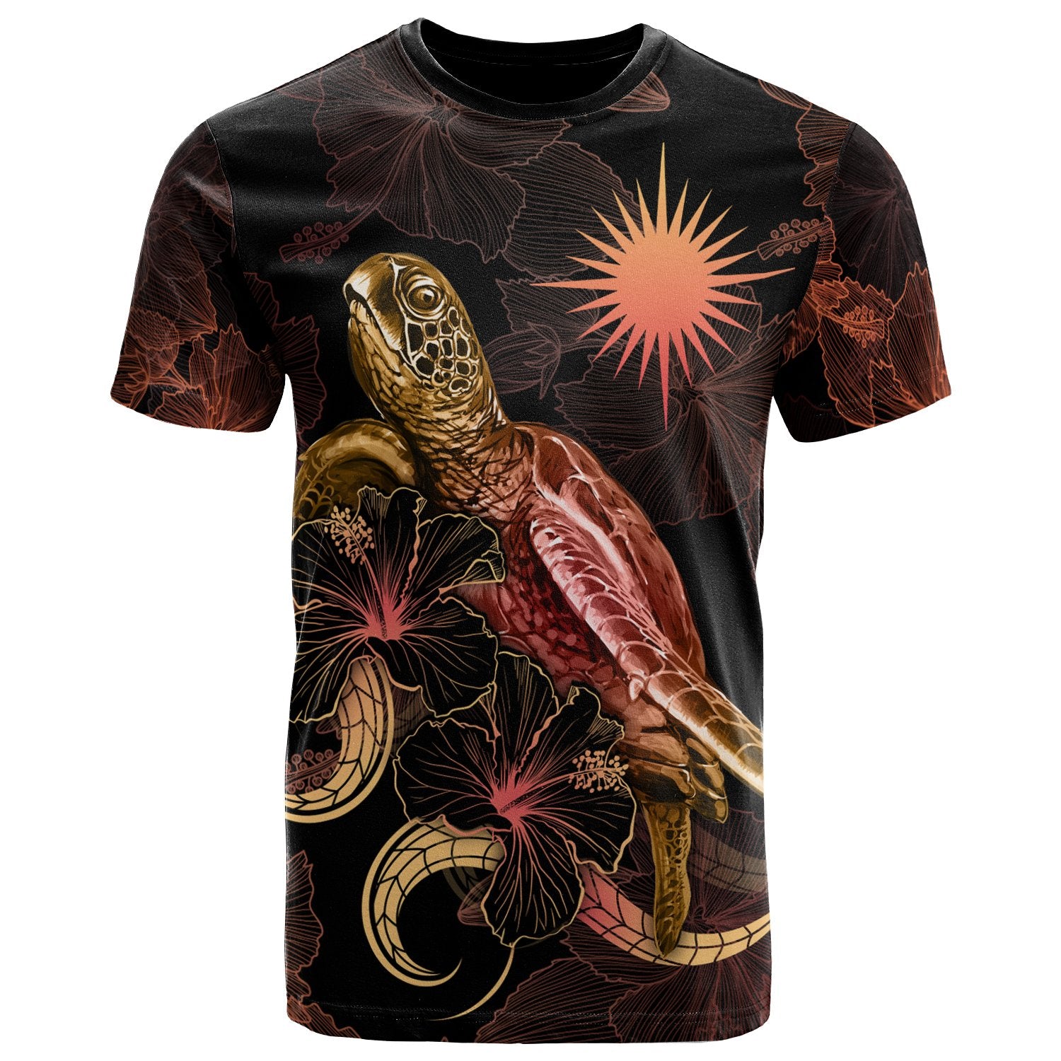 Marshall Islands Polynesian T shirt Turtle With Blooming Hibiscus Gold Unisex Art - Polynesian Pride