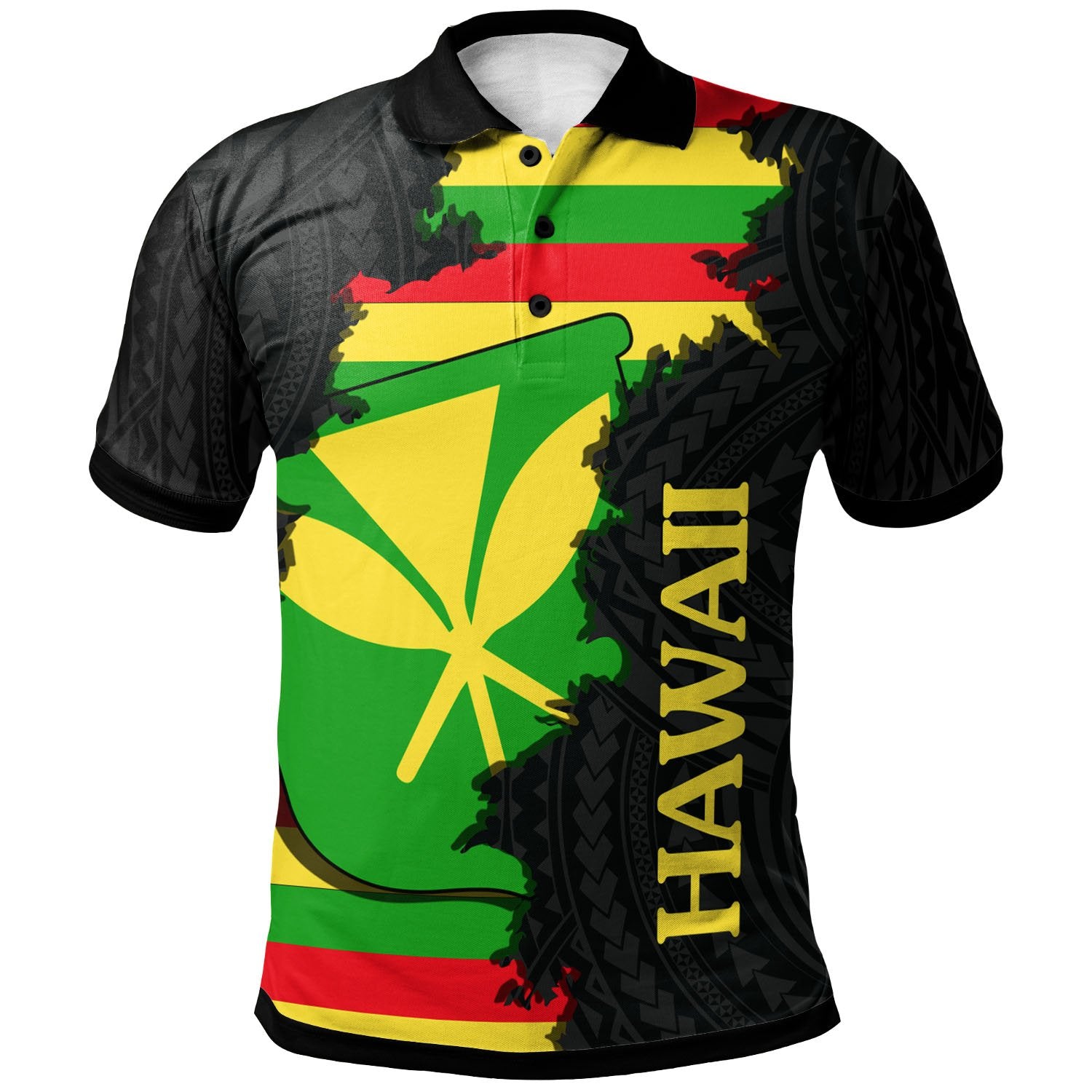 Hawaii Polo Shirt Wrap Flag and Polynesian Paterns Unisex Black - Polynesian Pride