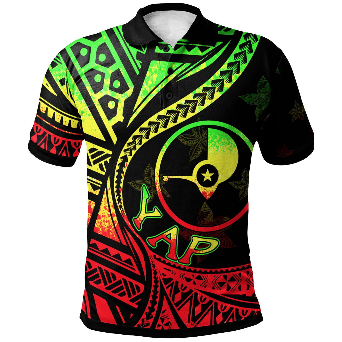 Yap Polo Shirt Plumeria Flowers Reggae Version Unisex Black - Polynesian Pride